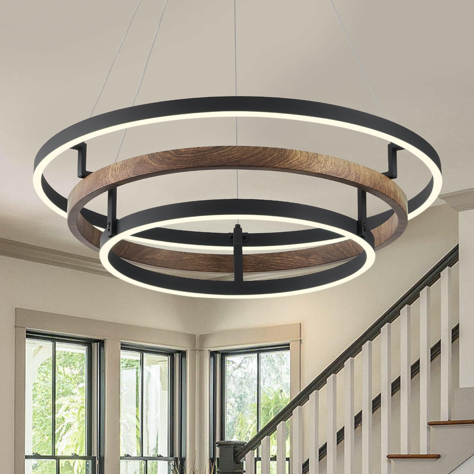 LED 3-Ring Chandelier Black Round Chandelier Light Fixture Dimmable Farmhouse Foyer Chandeliers Light Wood-Printed Circular Chan