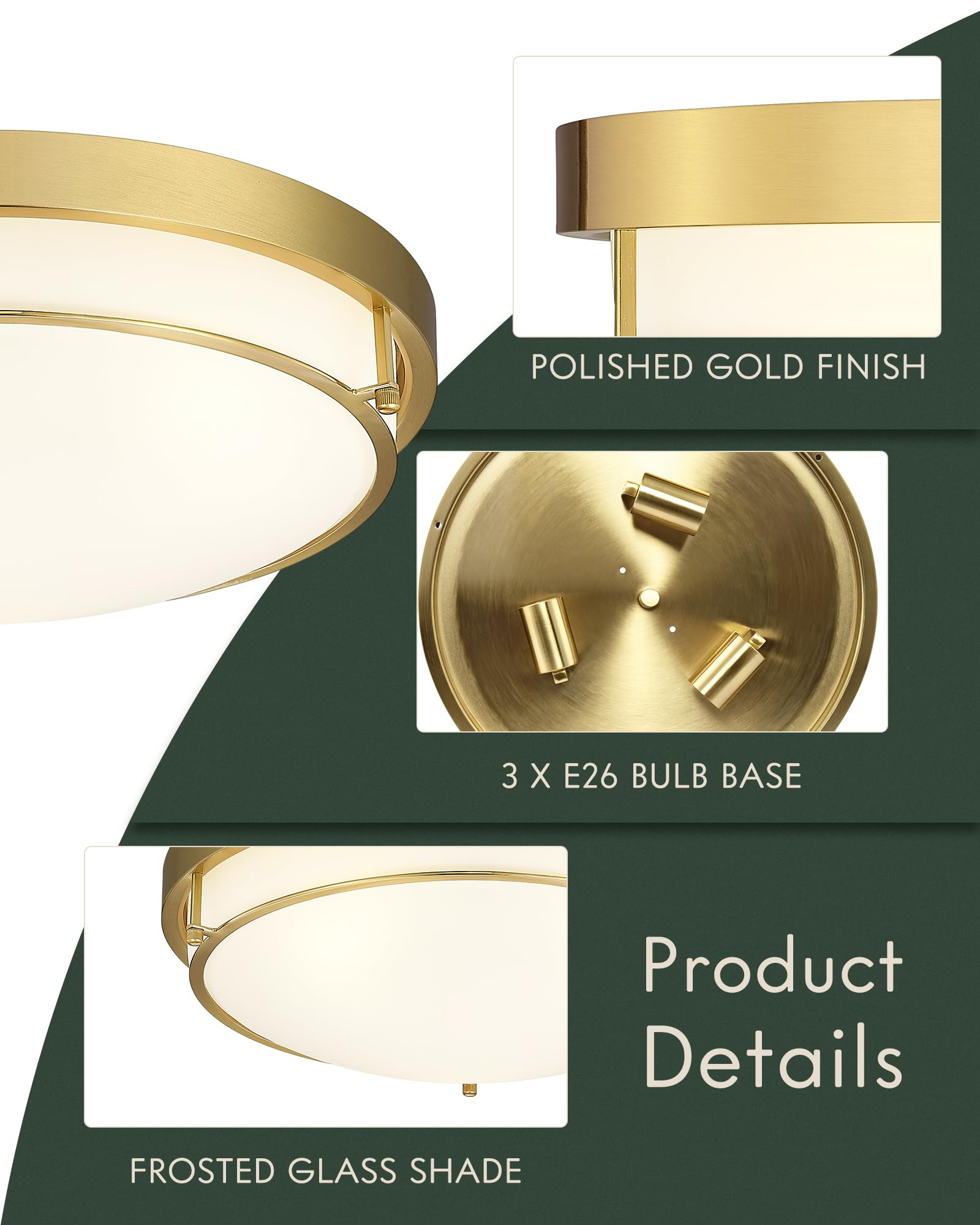 Cargifak 16 Inch Flush Mount Light Fixture, 3-Light Modern Ceiling Light With Polished Gold Finish For Hallway Kitchen Laundry Bedroom, Cl4822-3W-Pg