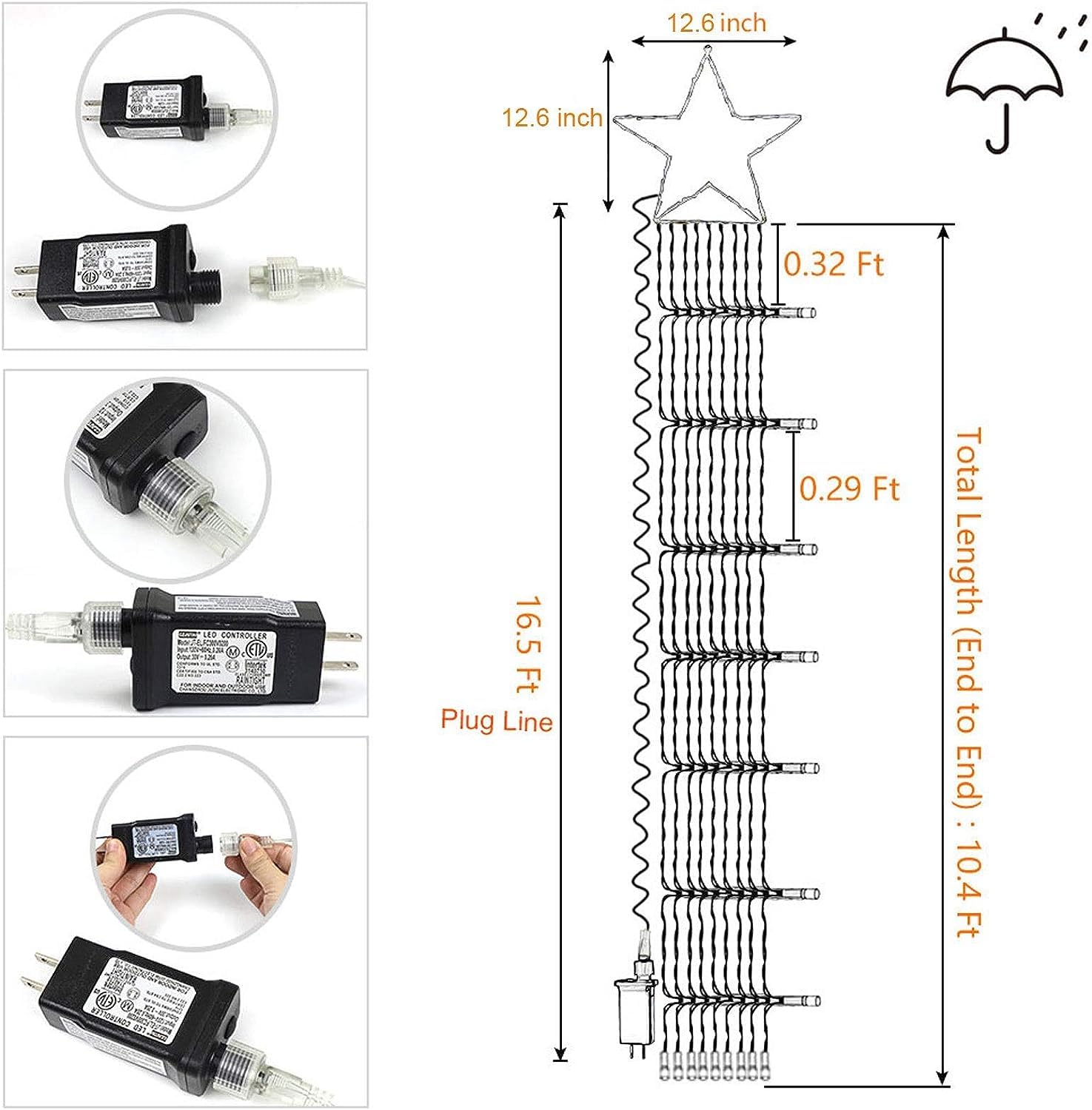 cerflyer Christmas String Lights 320 LED 11.5 Ft Iron-Cool White Waterfall Tree Lights with Star Topper, Model YLS1000WD01