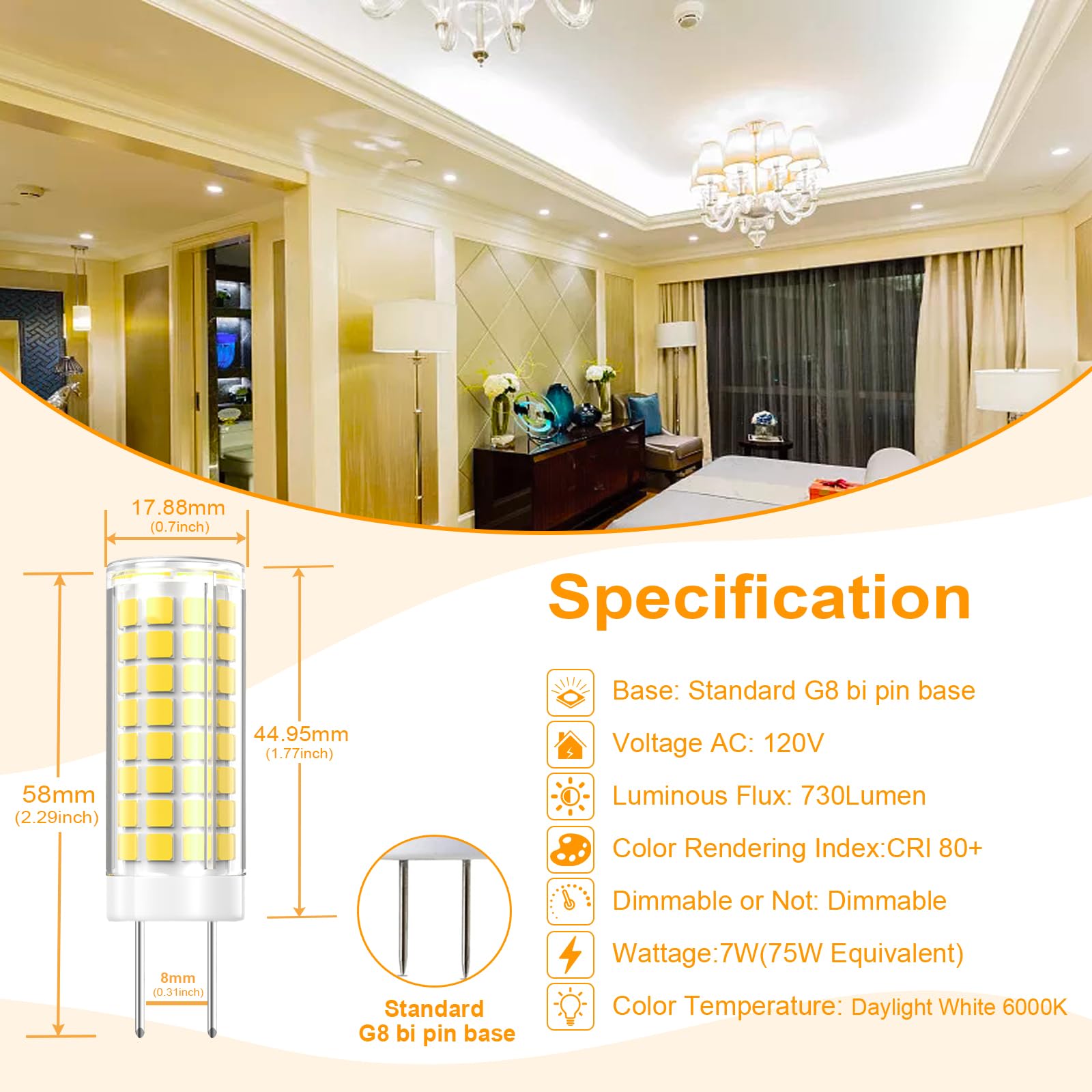 VYAOMLI G8 LED Light Bulbs, 7W Dimmable, 2 Pack, Daylight White, GY8.6 Bi-Pin Base, 730LM, AC