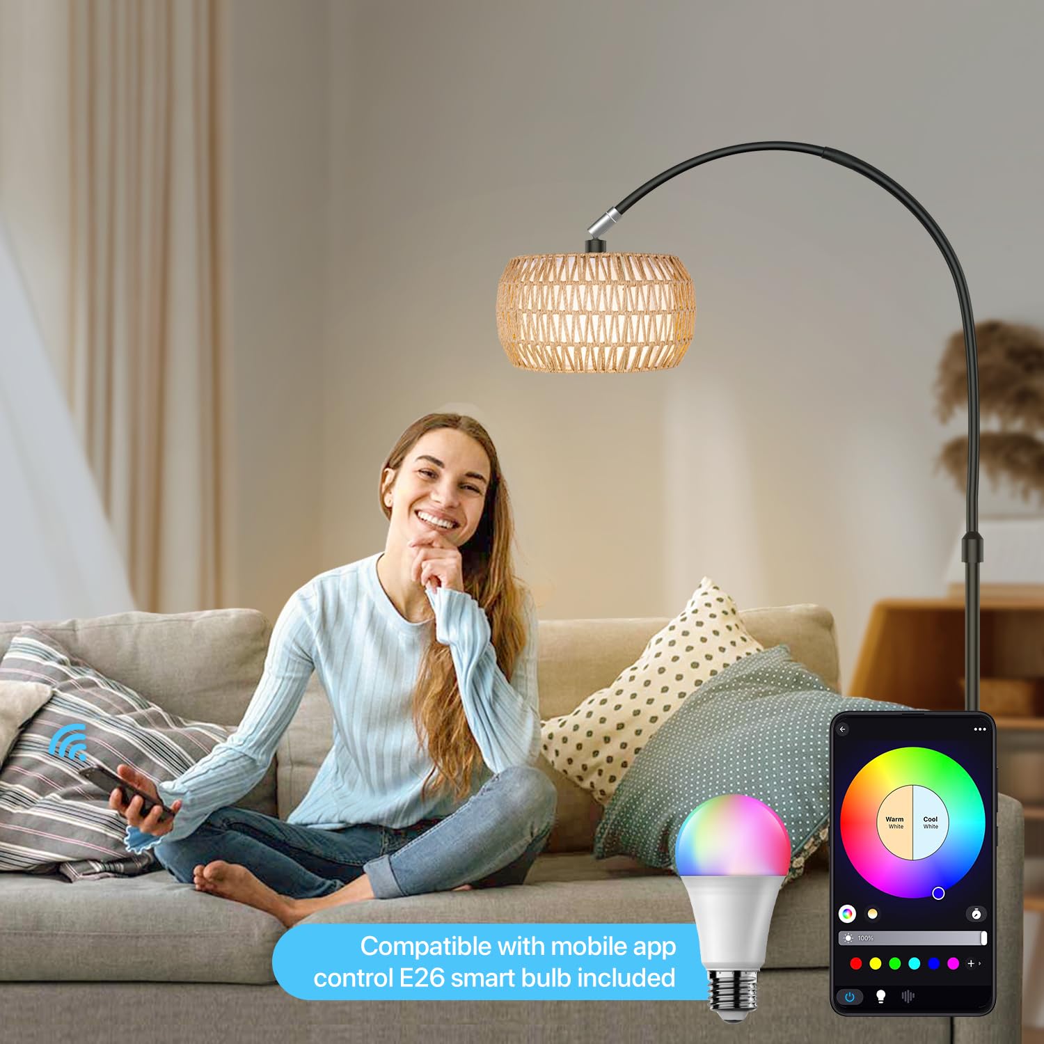 Arc Floor Lamp For Living Room With 3 Color Temperatures, Black Standing Lamp With Remote & Rgb Bulb, Farmhouse Rattan Boho Floo