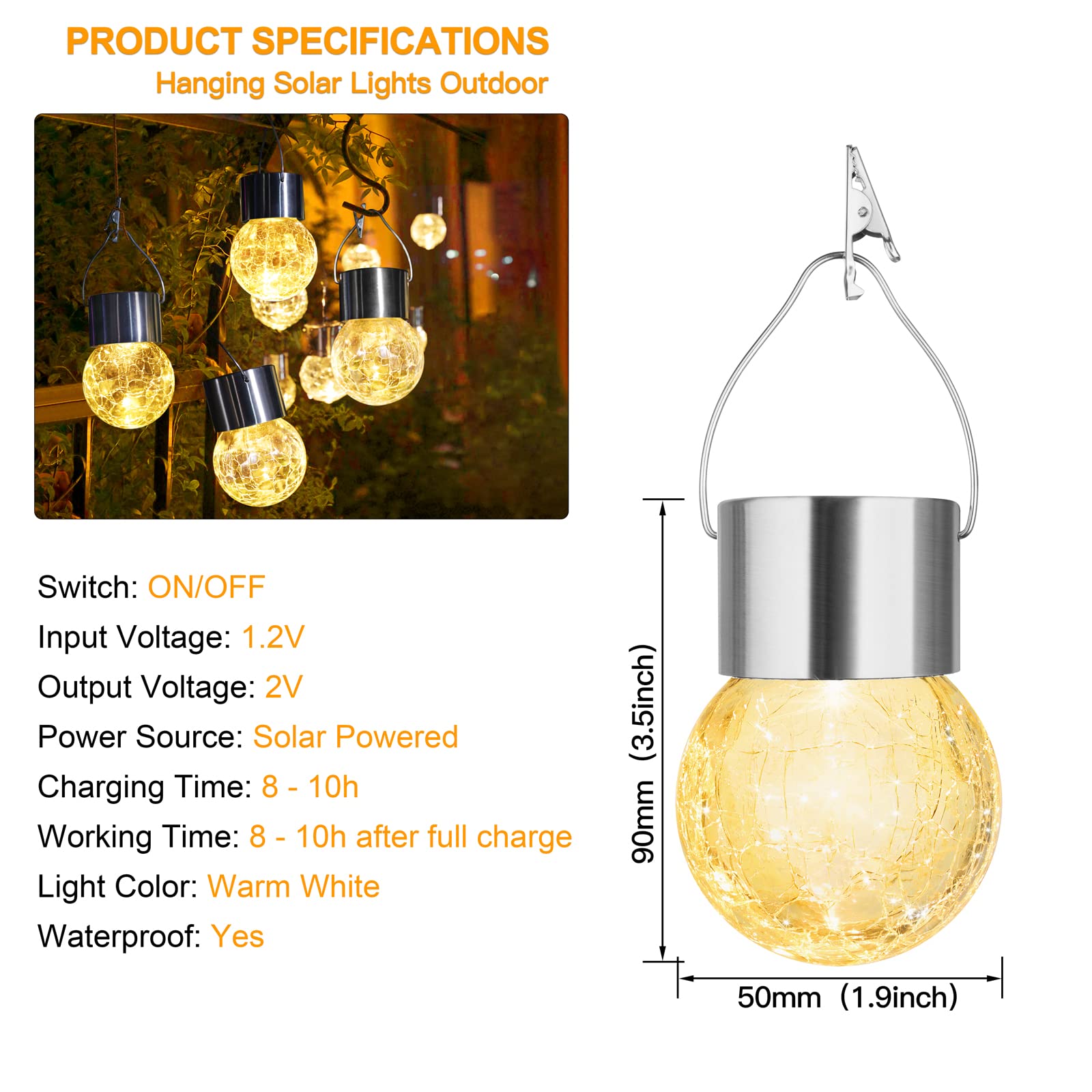 MAXvolador 12-Pack Hanging Solar Lights, Waterproof  ed Glass Ball, Warm White, Model GA-203A