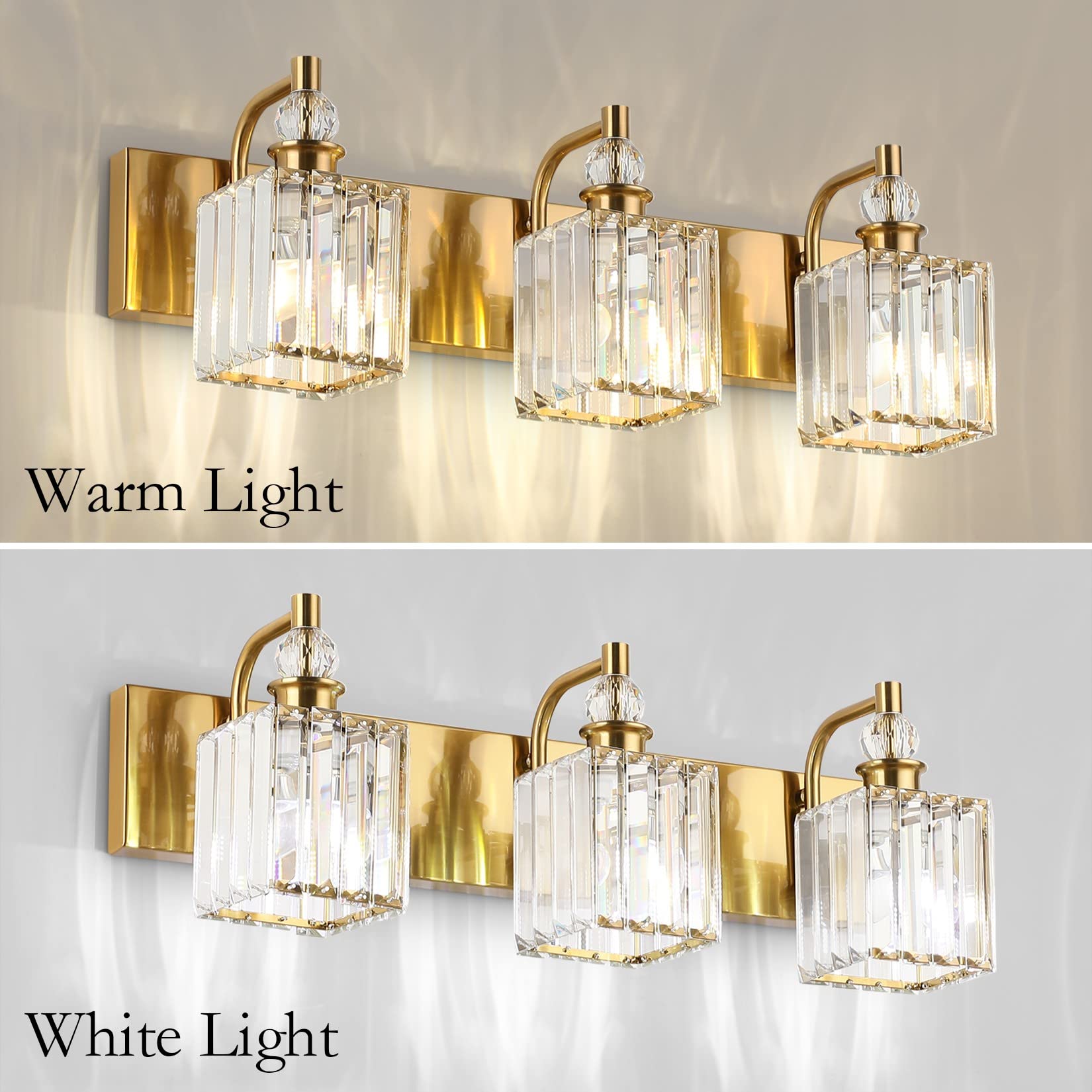 Ralbay 3-Light Gold Crystal Bathroom Vanity Lights, 24 Modern Metal Fixture, Model 8606