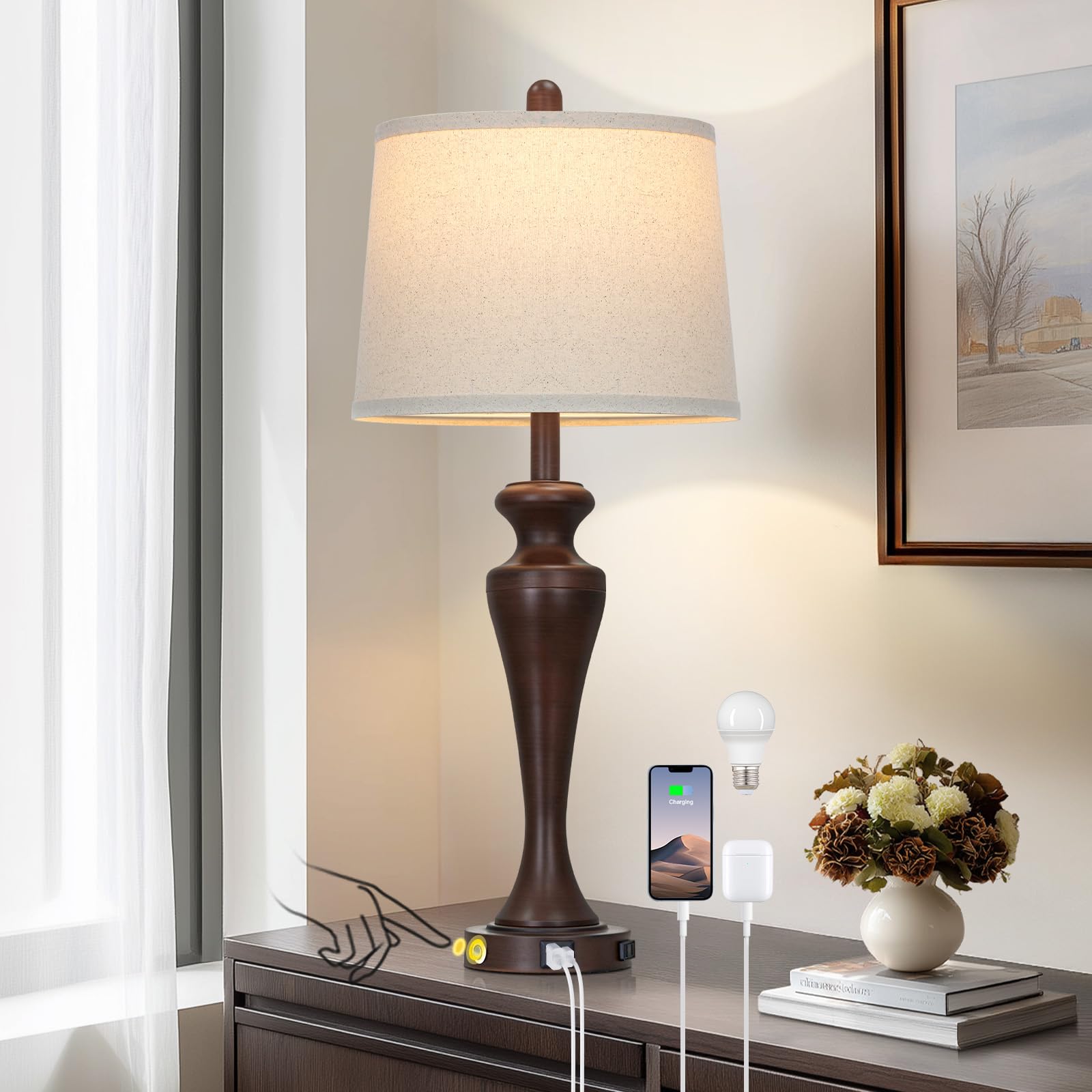 luxeflow 30 Brown Table Lamp Single  3-Way Touch Control Bedside Lamp with USB A+C Ports and AC Outlet  Tall Living Room Lamps for End Table  Elegant Coffee Bedroom Lamps for Night Stand