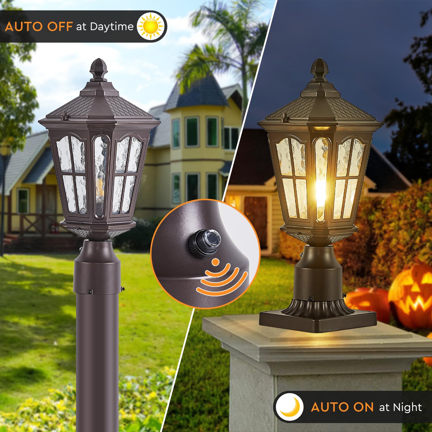 GYDZ Dusk to Dawn Outdoor Post Light, Aluminum Fixture with Water Ripple Glass, Oil Rubbed Bronze, Model B55VBR