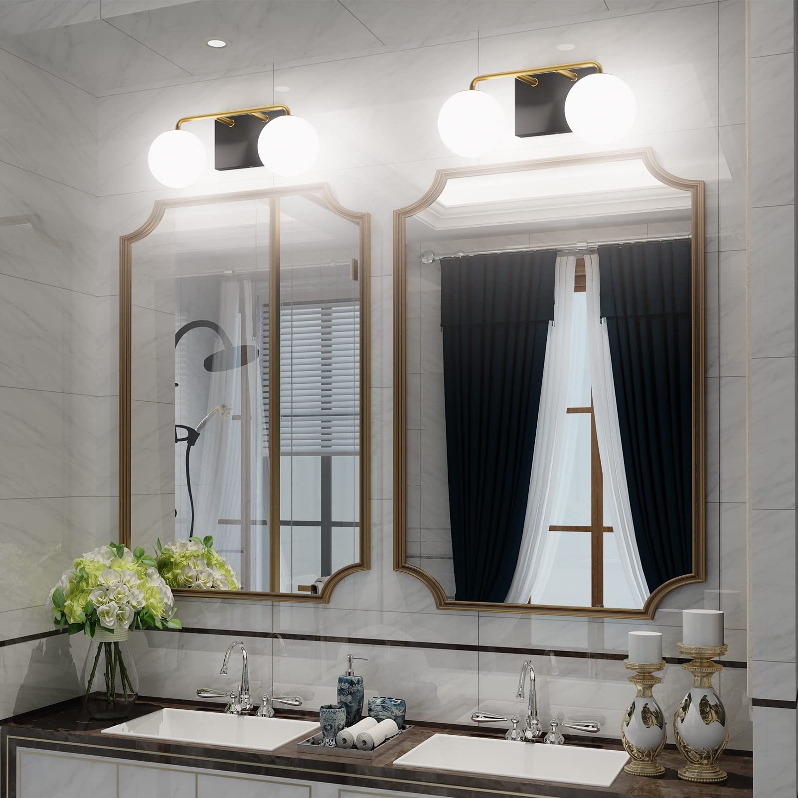 Tipace 2 Lights Vintage Bathroom Vanity Light Fixtures, Black Gold, Aluminum, 14.5 IN, Model GW1129, Milk White Glass Globe