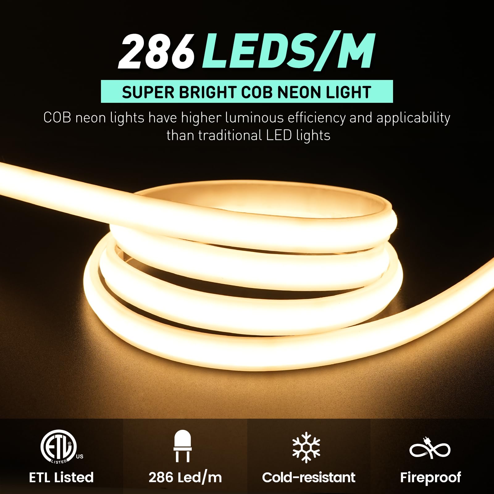 GZBtech Silicone Neon Rope Lights, 16.4FT Warm White, Waterproof Strip Light, Model CB-COBNEON-WW-5M, Flexible & Cuttable