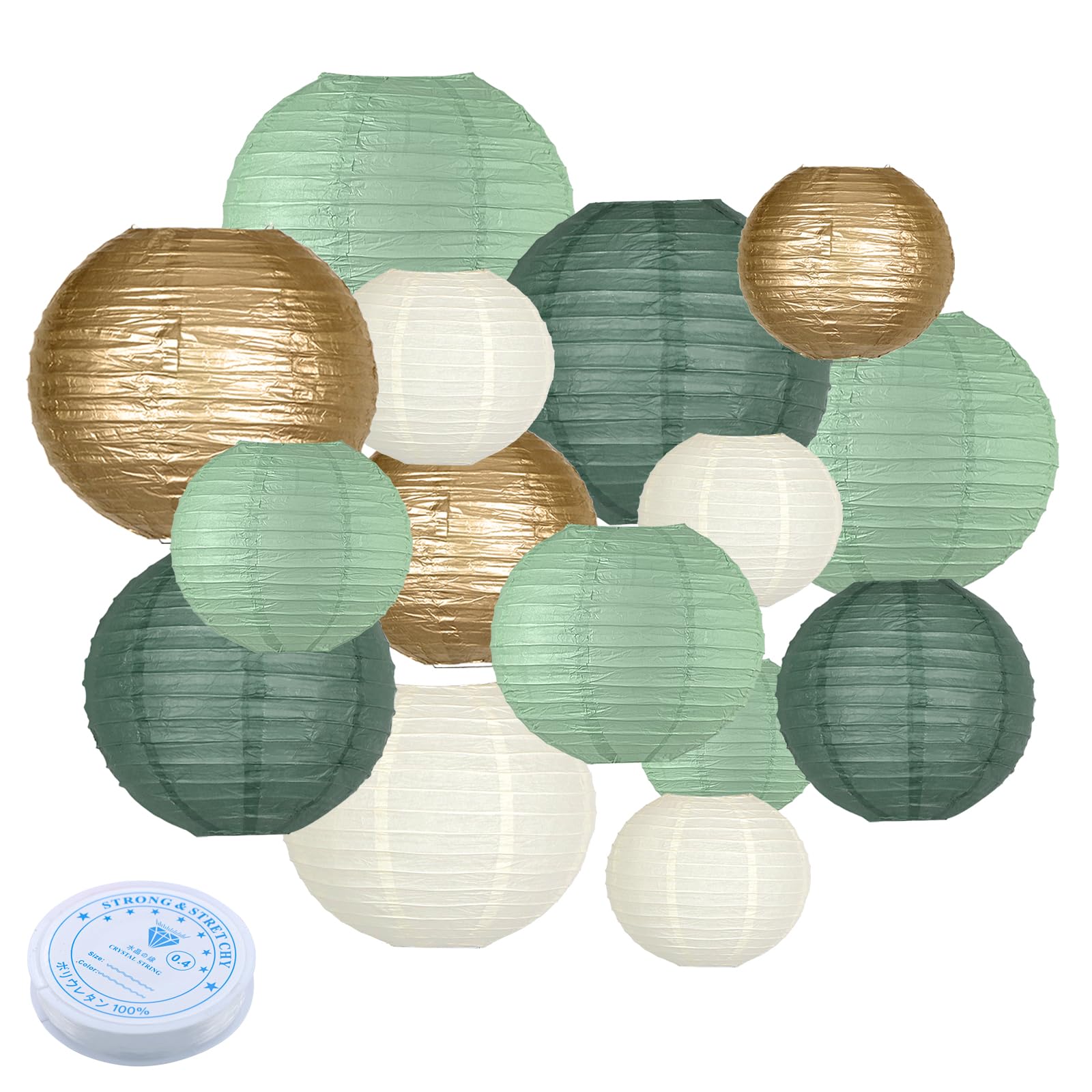 Paper Lanterns Decorative, Round Paper Lanterns Decorations Sage Green/Forest Green/Gold/White for Rustic Party Sage Green Birth