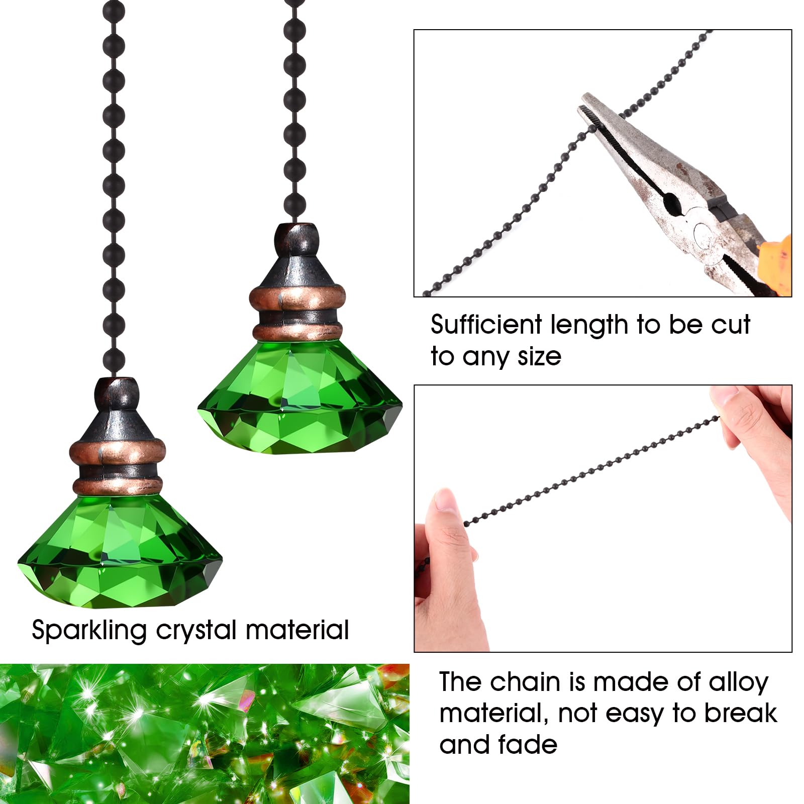 JOVITEC 2 Pieces Pull Chain Ceiling Fan Ornaments Light Crystal Pull Chain Extension Decorative, 1 Meter Long Each(Green Color)