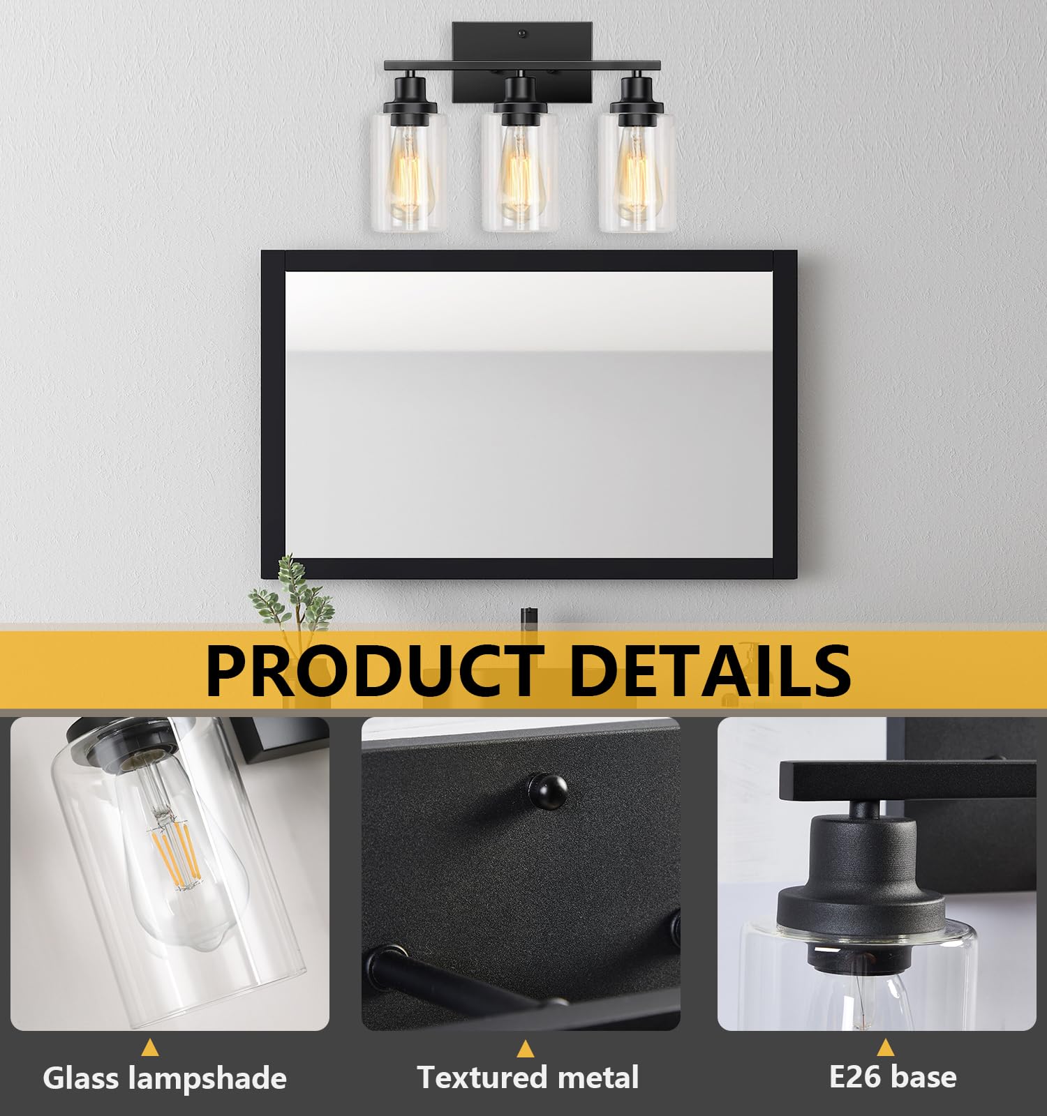 Maichixin 3-Light Vanity Lights, Matte Black Metal Wall Lamp with Clear Glass Shade, Modern Design for Bathroom, Living Room, Hallway