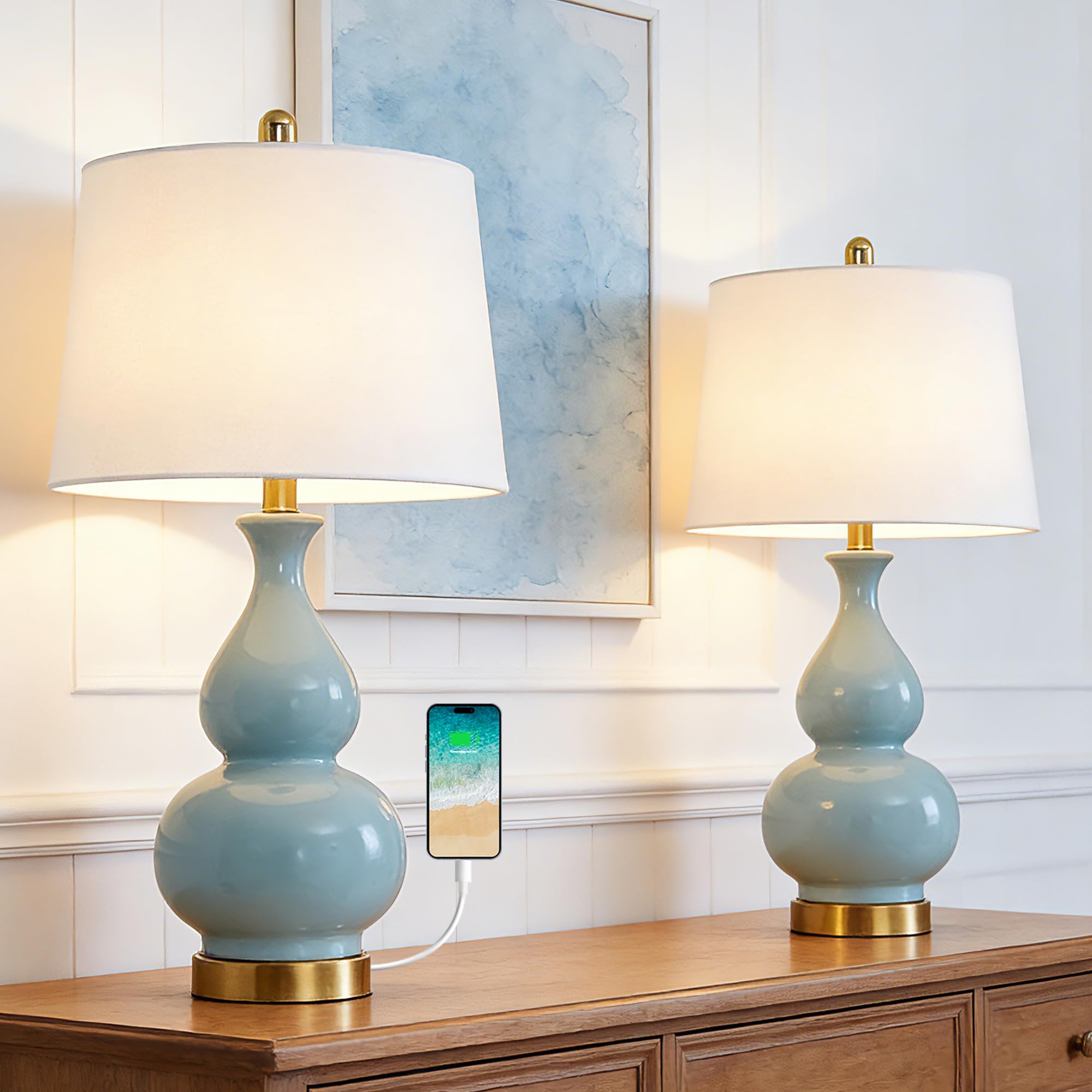 Maxax 26 Ceramic Table Lamps for Bedroom Set of 2  Blue Bedside Lamps with USB Charging Port  3 Way Dimmable Gourd Nightstand Lamp for Living Room  Office