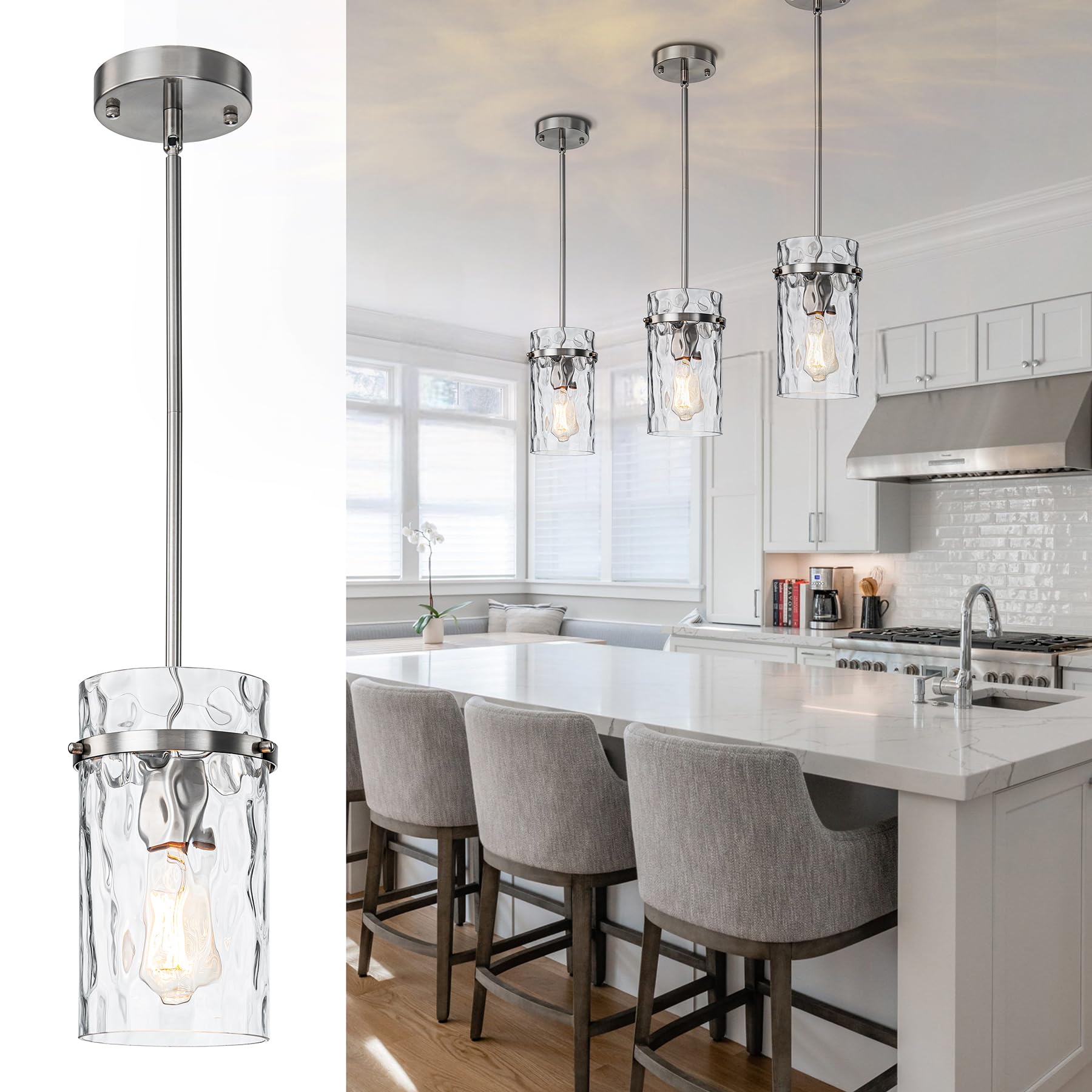 JIMKIGTO 5.5 Nickel Hammered Glass Pendant Light  Brushed Nickel Pendant Lights Kitchen Island  Modern Kitchen Island Light Over Dining Light Fixture Bedroom Foyer 1 Pack