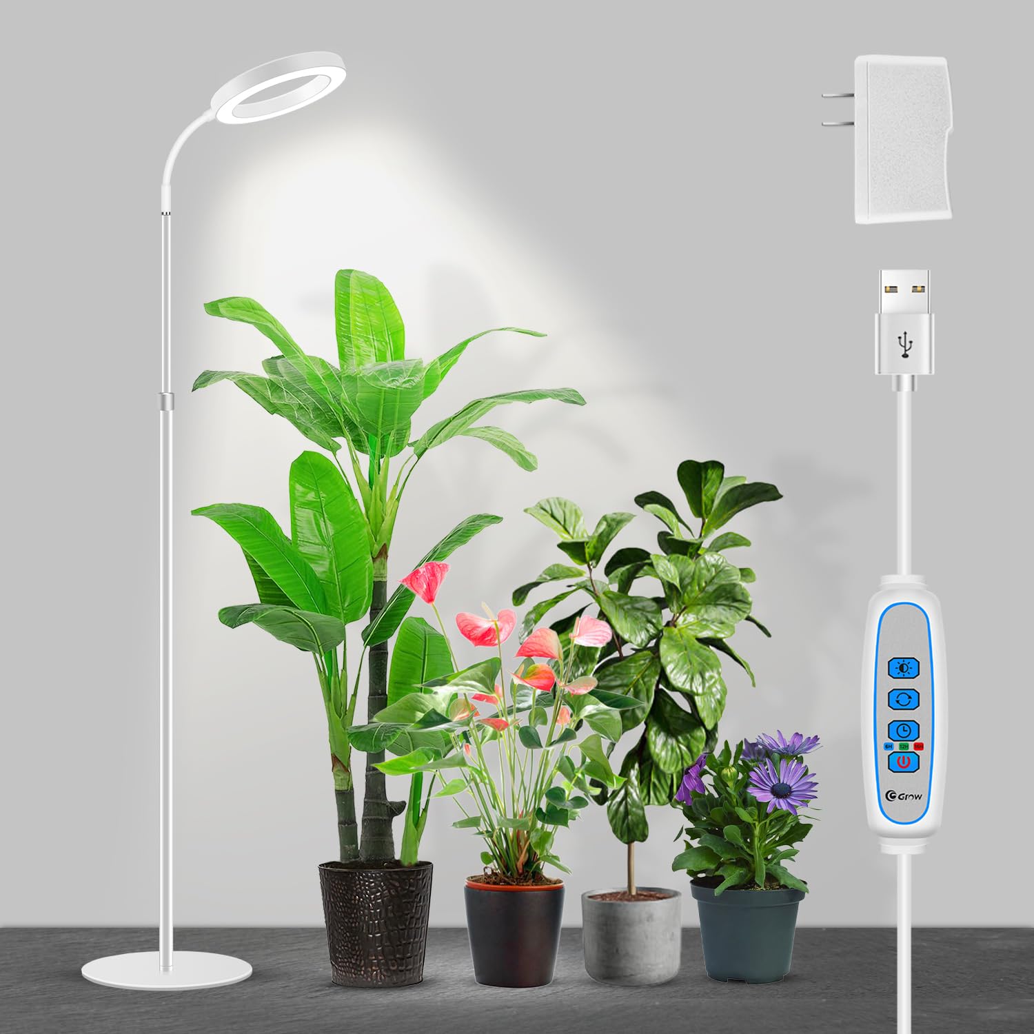 Garpsen Grow Light, Full Spectrum LED Plant Lamp, 67in  Adjustable Height, 3 Color Modes, 5 Dimmable Levels, White, Model BL-B20B-White