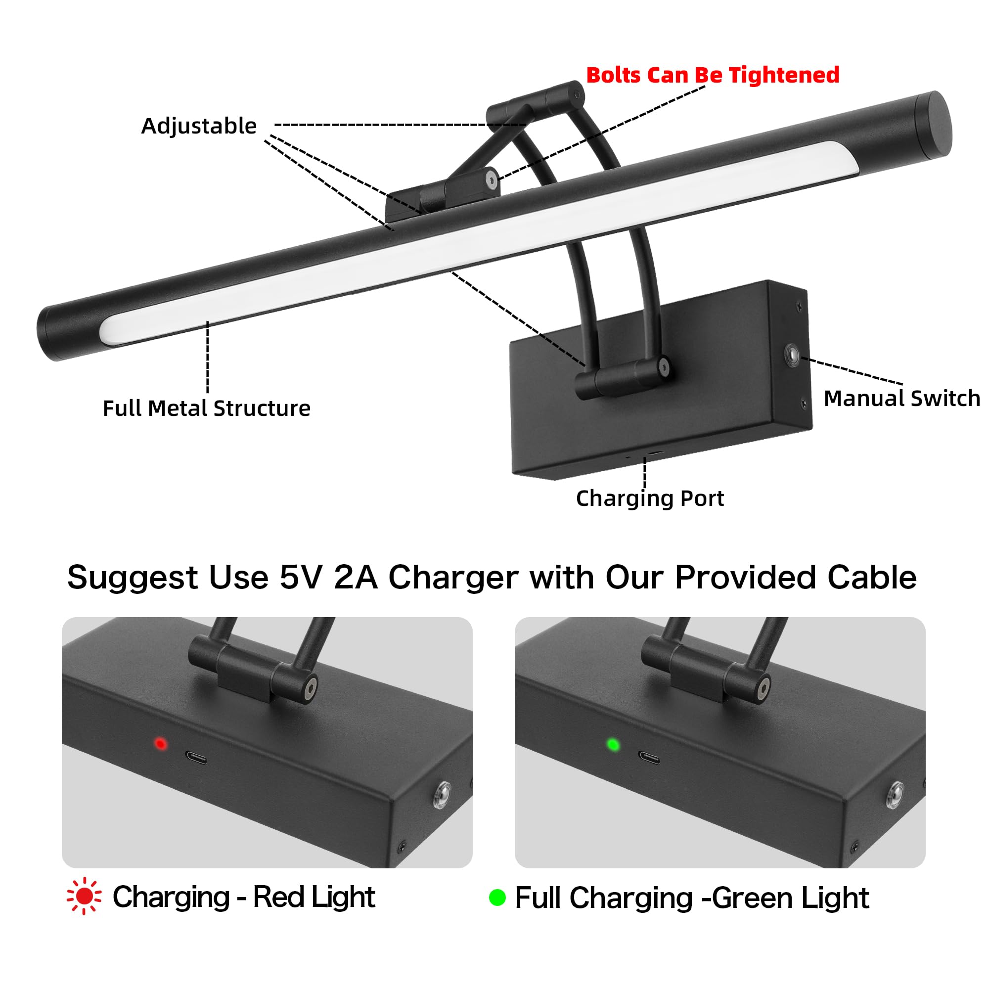 16 Picture Lights For Wall Battery Operated  Wireless Picture Light With Remote  Rechargeable Wall Light 3000K/4000K/6000K Dimmable  Art Lighting For discomfort-reducingtings Frame Gallery Dartboard Light  Black