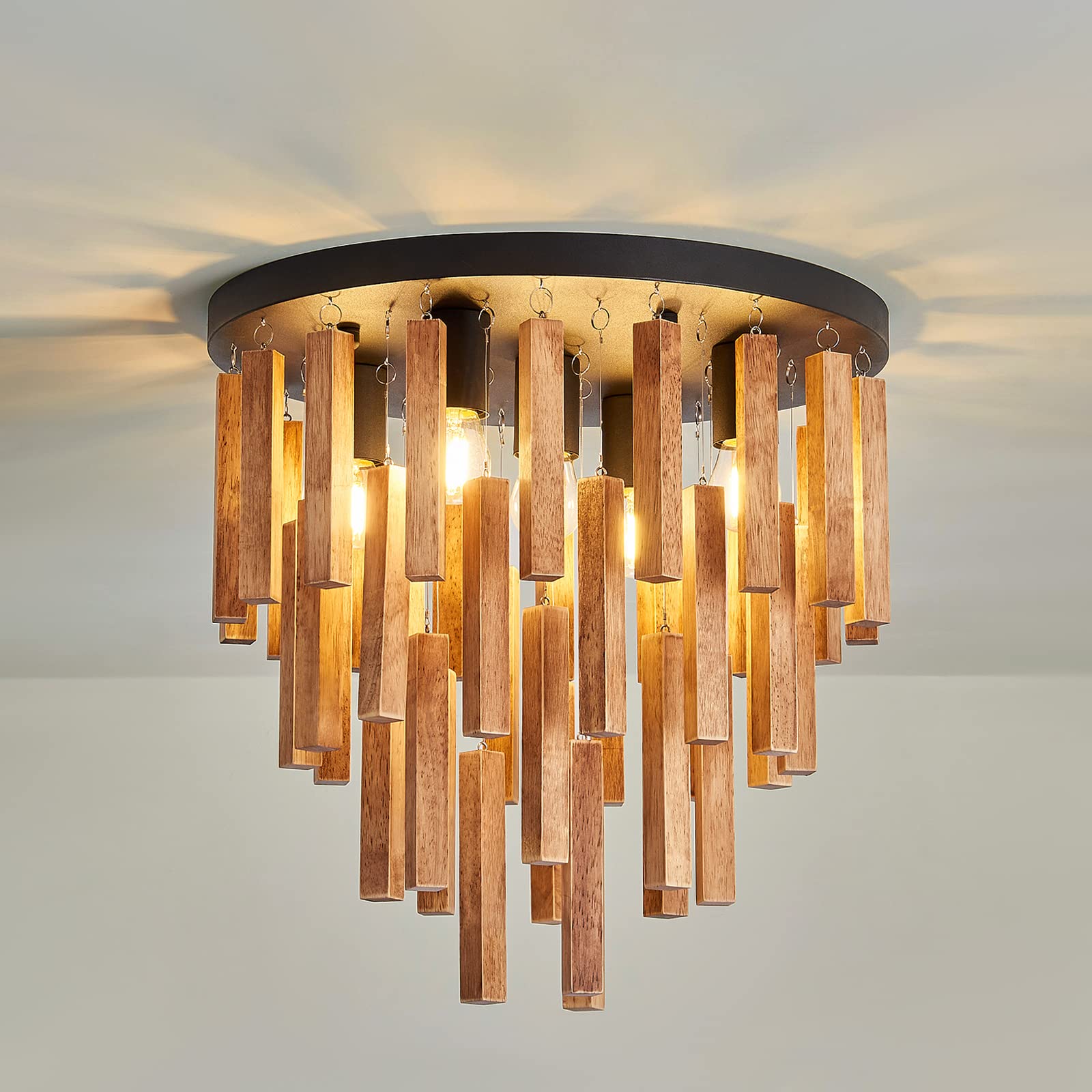 5-Light Semi Flush Mount Ceiling Light Fixture Rustic Wood Chandelier Retro Ceiling Lamp Oak And Black With E26 For Farmhouse Ki