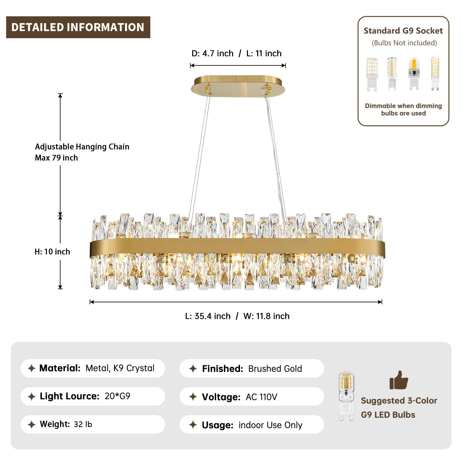 TMAFON Modern Chandelier, Rectangle K9 Crystal, 35.4in Hanging Light Fixture, Gold, Model TMAZ-8047-L900GD