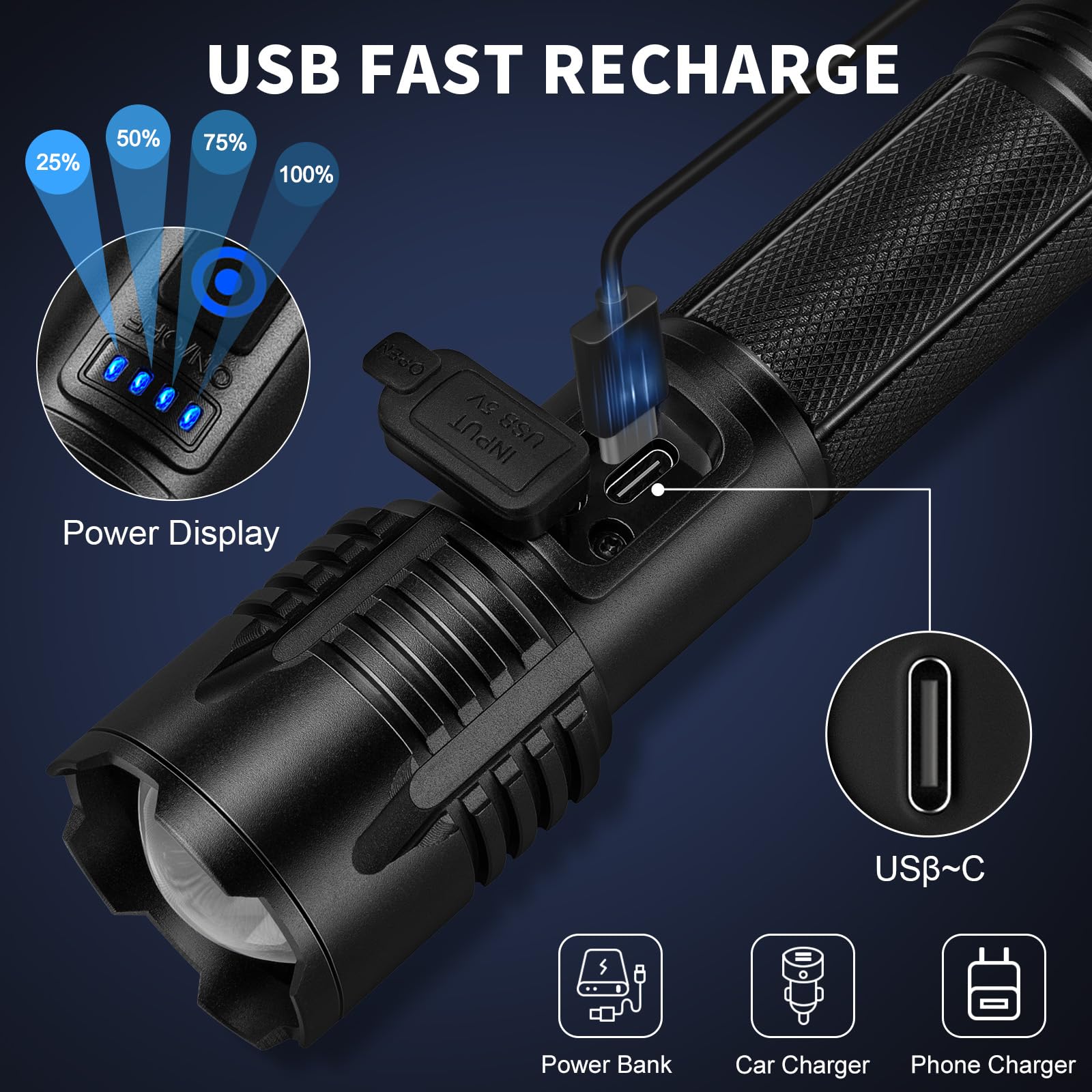 NiaoChao LED Rechargeable Flashlight, 99,000 High Lumens, 5 Modes, Waterproof, Aluminum, Black, Model P115