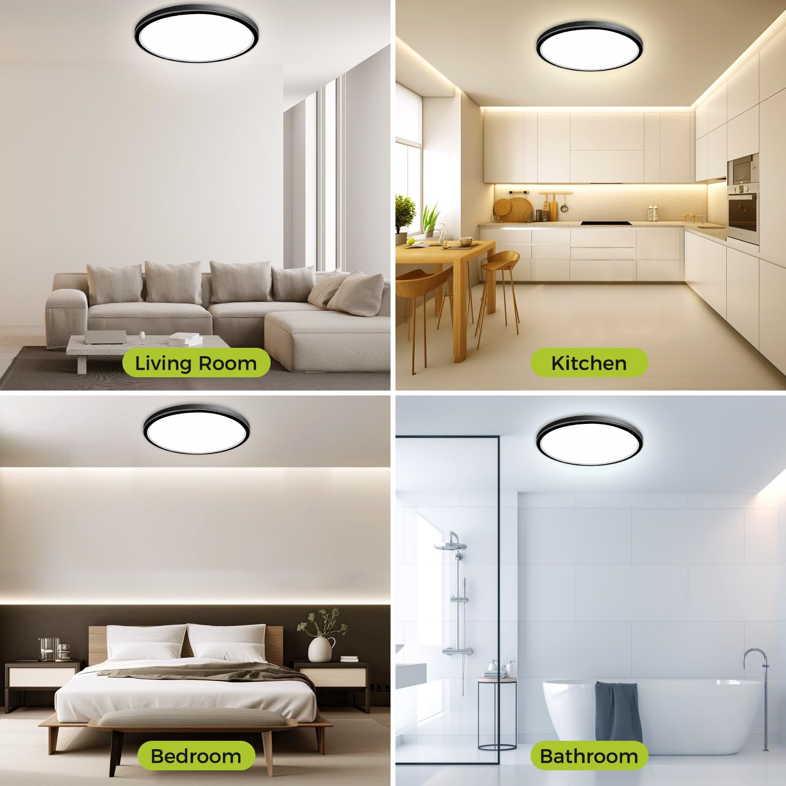 hepside Flush Mount LED Ceiling Light Fixture, 20Inch, 45W, Dimmable, 3 Color Selectable, Black