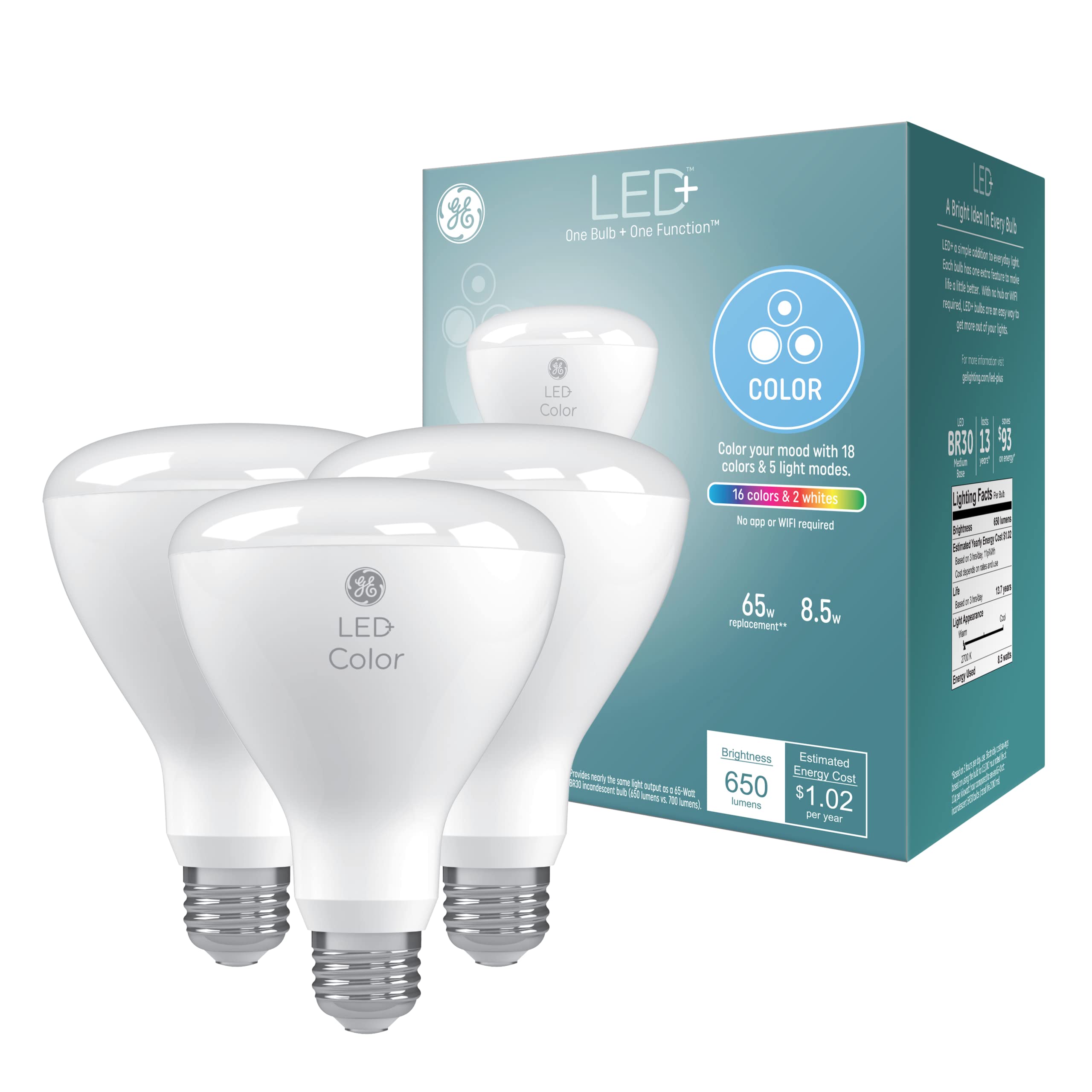 GE Lighting LED+ Color Changing LED Ligh Bulbs with Remote, No App or Wi-Fi Required, BR30 Indoor Floodlight Bulbs (3 Pack)