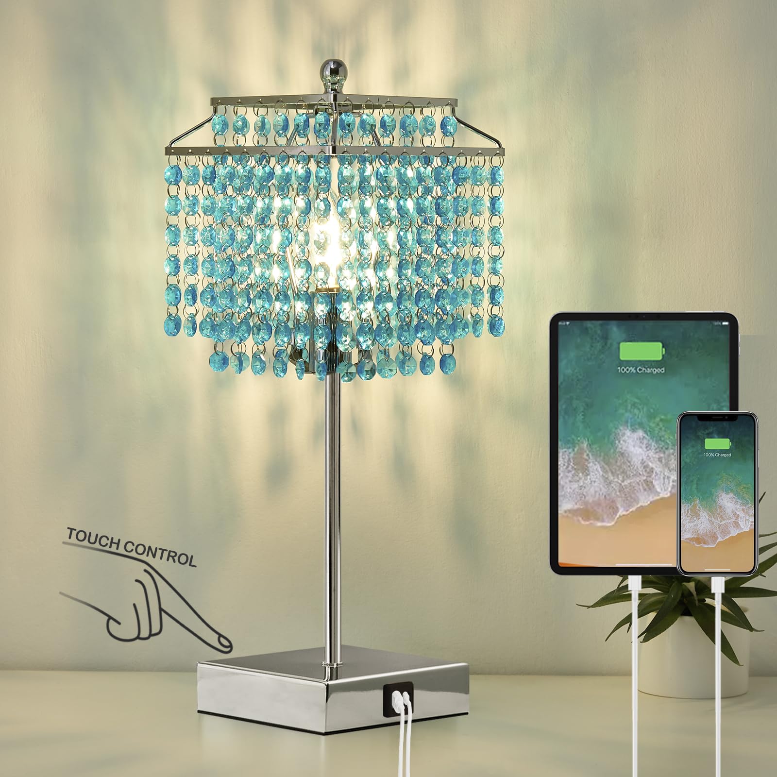 Luvkczc Crystal Table Lamp with Touch Control, Bedside Crystal Table Lamp with USB C+A Ports, 3-Way Dimmable Lamp with Crystal S