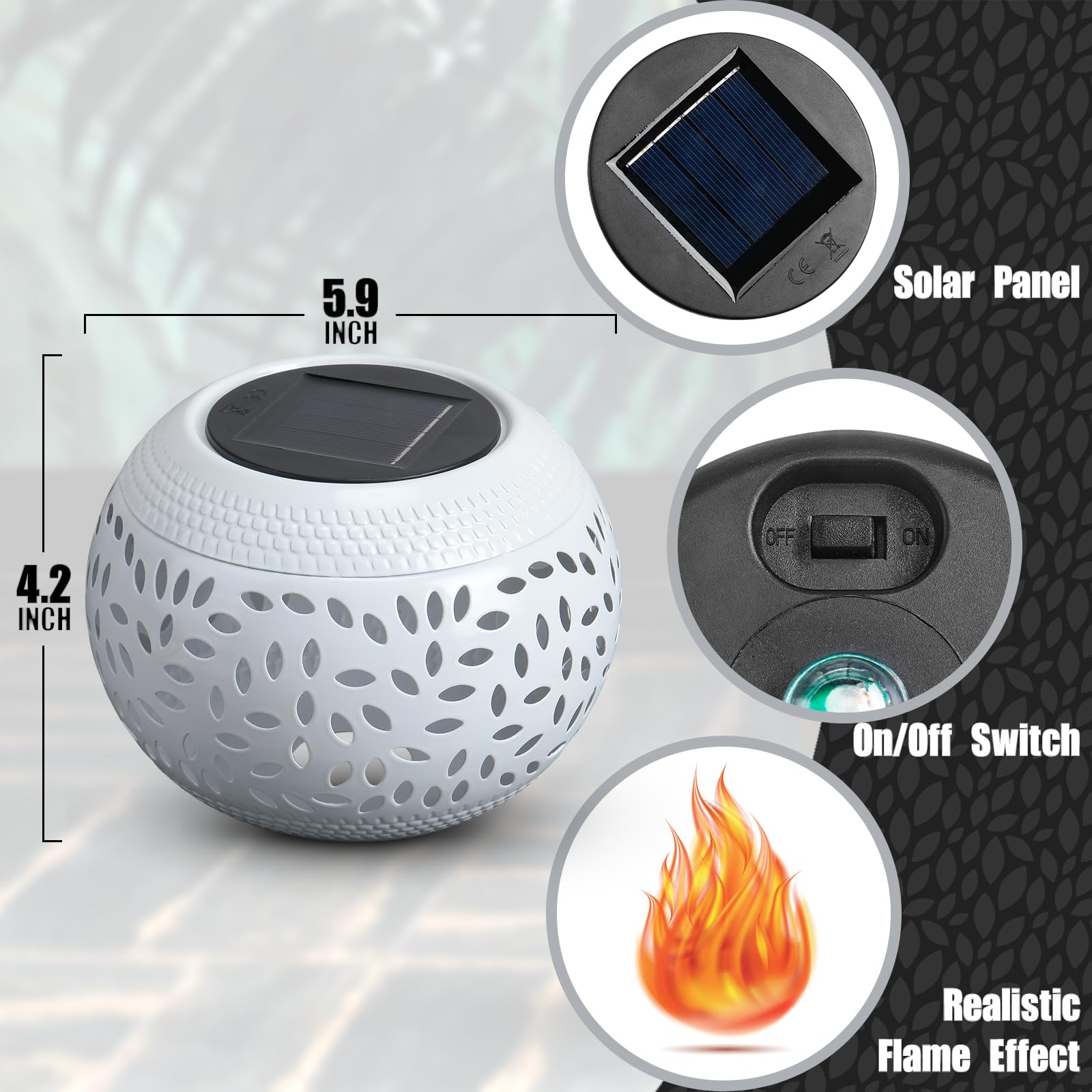 Reginary Solar Table Lantern - Outdoor Waterproof LED Light, Flickering Flame, Metal, White, Model EO-Reginary-2081