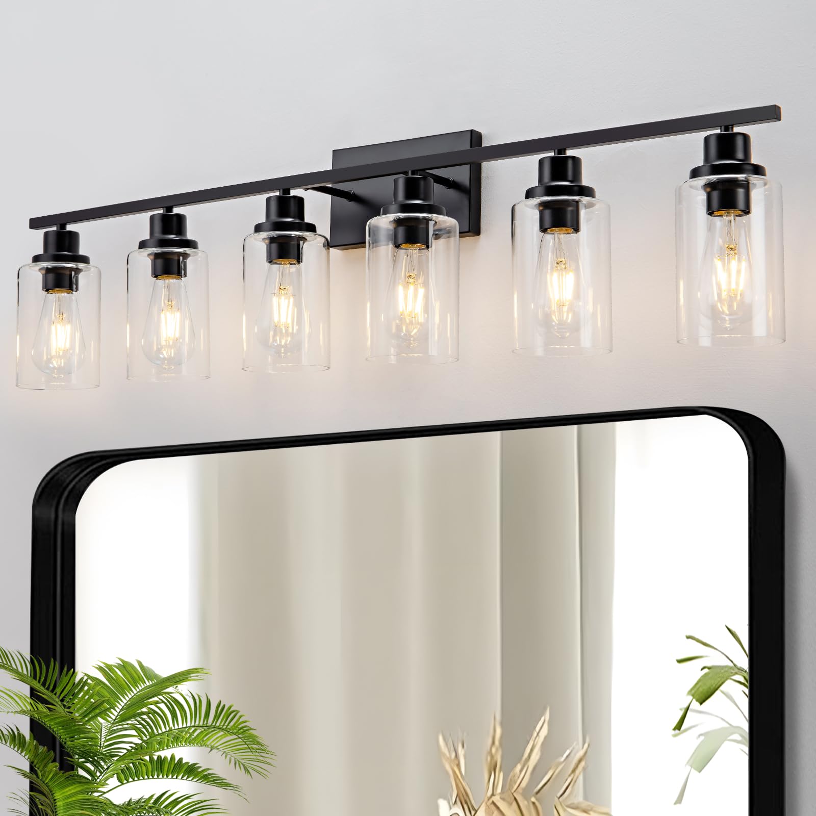 HCCZ 6 Light Bathroom Vanity Light Fixture Black Modern Farmhouse Glass Sconces E26 Socket Model 800-100-1086