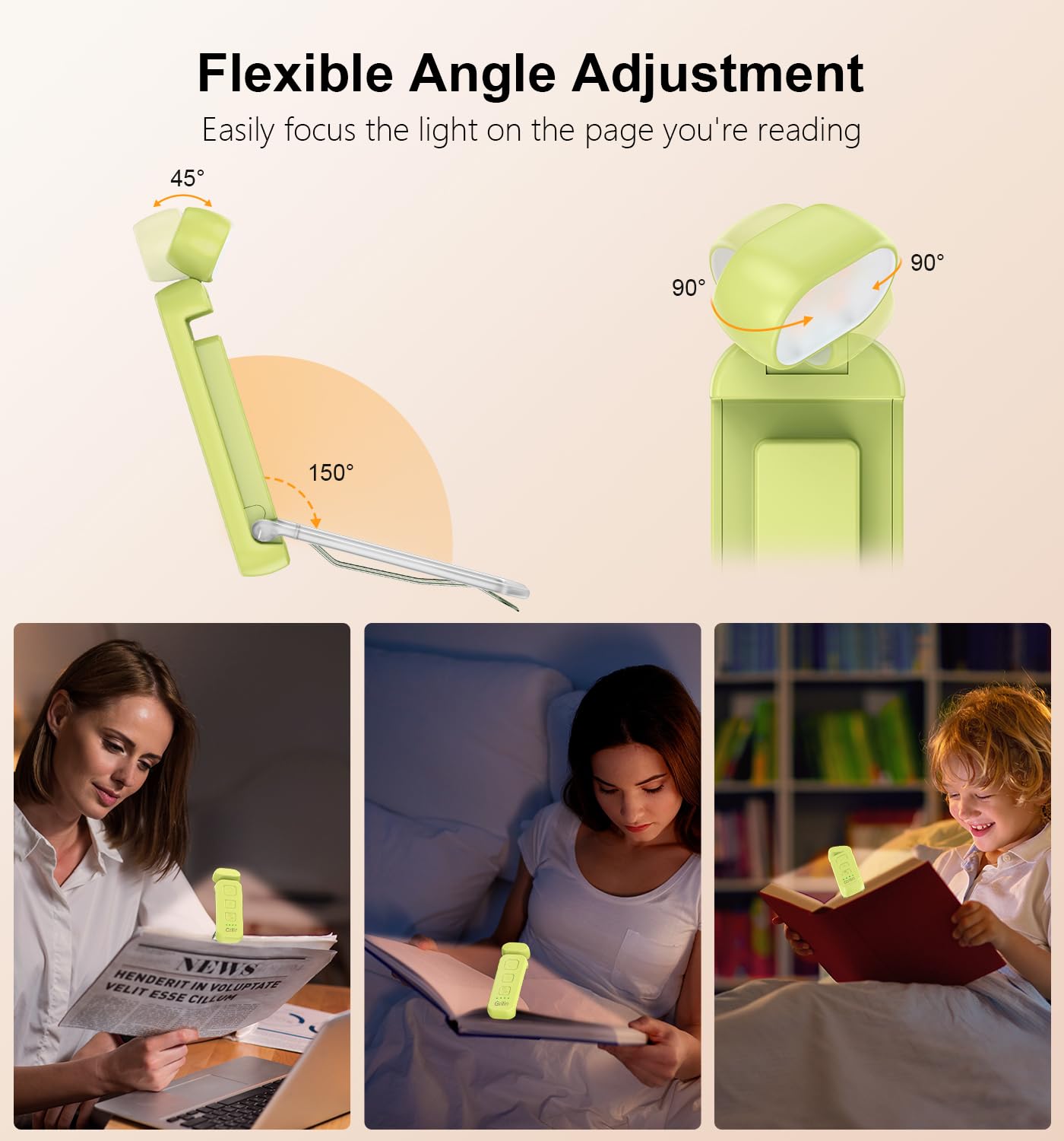 Gritin Rechargeable Book Light - Eye-Caring, 3 Color Temperatures, 5-Level Dimmable, Compact Clip-on, Emerald Green, Model G1313