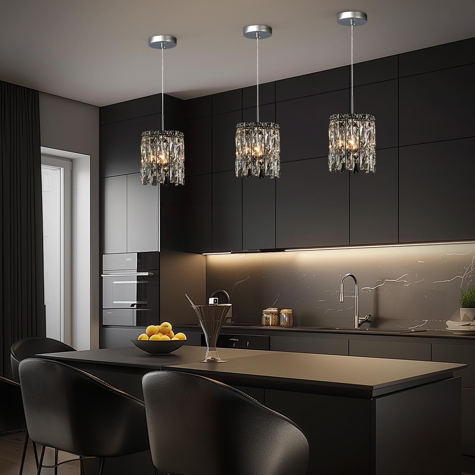 Nisidun Modern K9 Crystal Pendant Lights Kitchen Island Set Of 3 Chrome Chandeliers For Dining Room Light Fixtures Over Table Hanging Lighting For Kitchen Island Entryway Bathroom Bedhead Bedroom