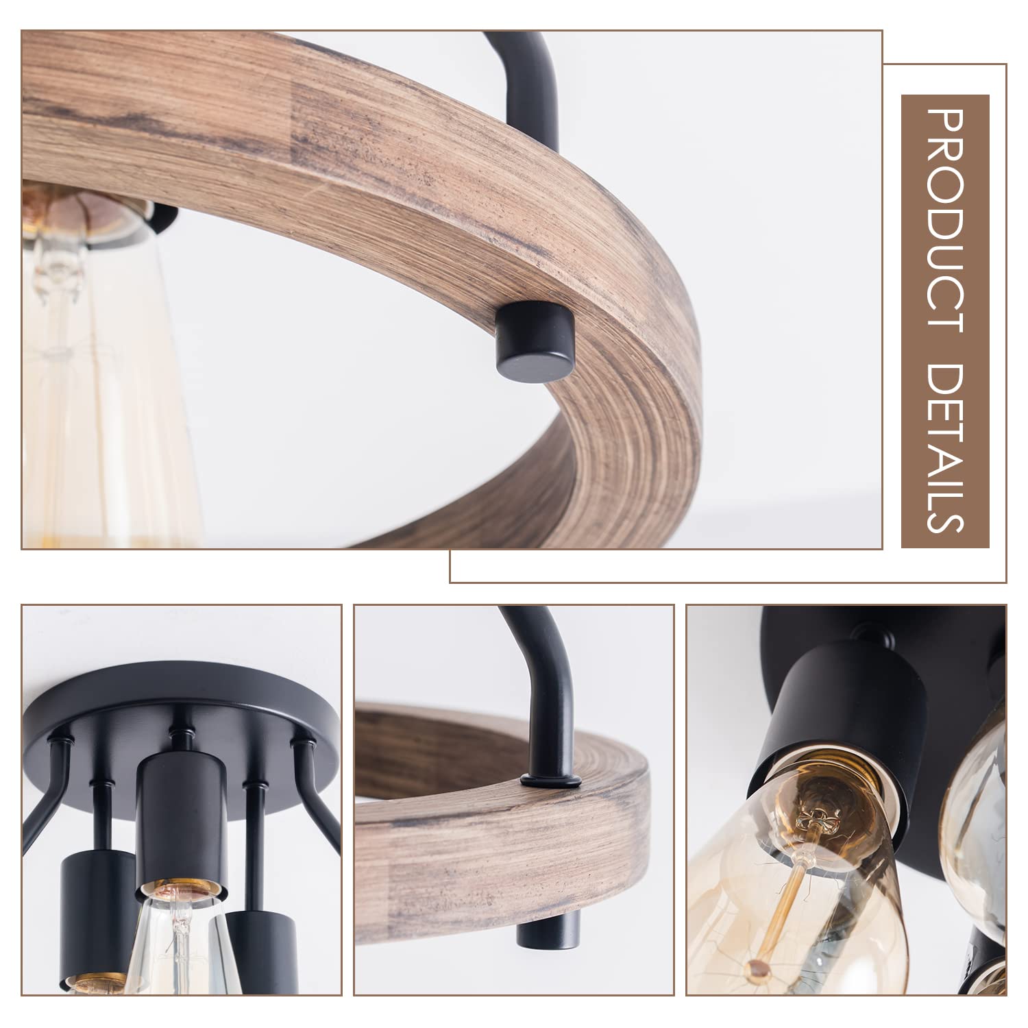 VILUXY Industrial Flush Mount Ceiling Light Fixture, 3-Light, Metal, Brown Shade for Hallway, Entryway, Bedroom, Balcony