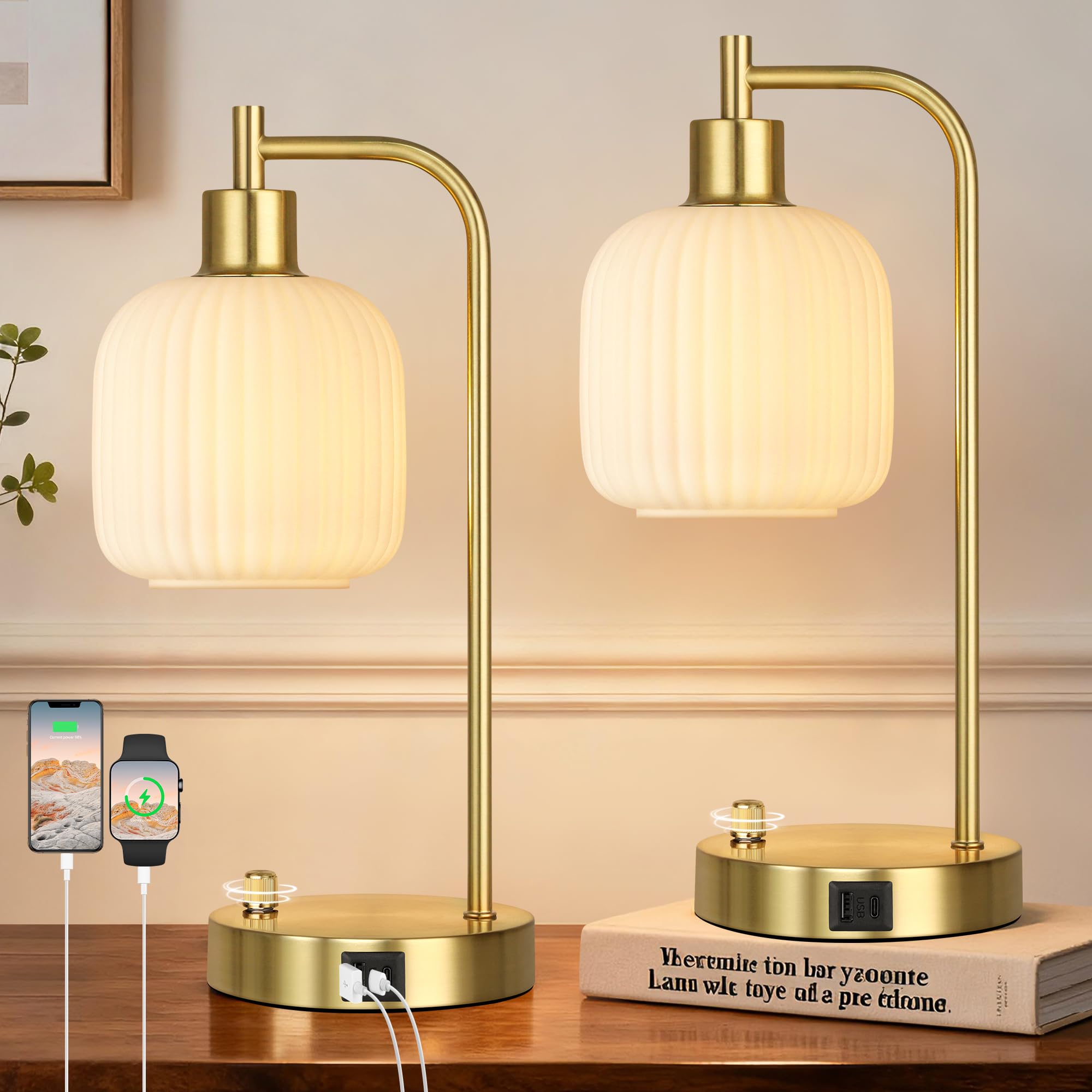 QiMH Industrial Table Lamp for Bedroom Set of 2  Cream Glass Beside Lamp with USB A&C Ports  Stepless Dimmable Gold Lamps  Nightstand Lamps for Living Room  Office  Home Decor(Bulb Included)