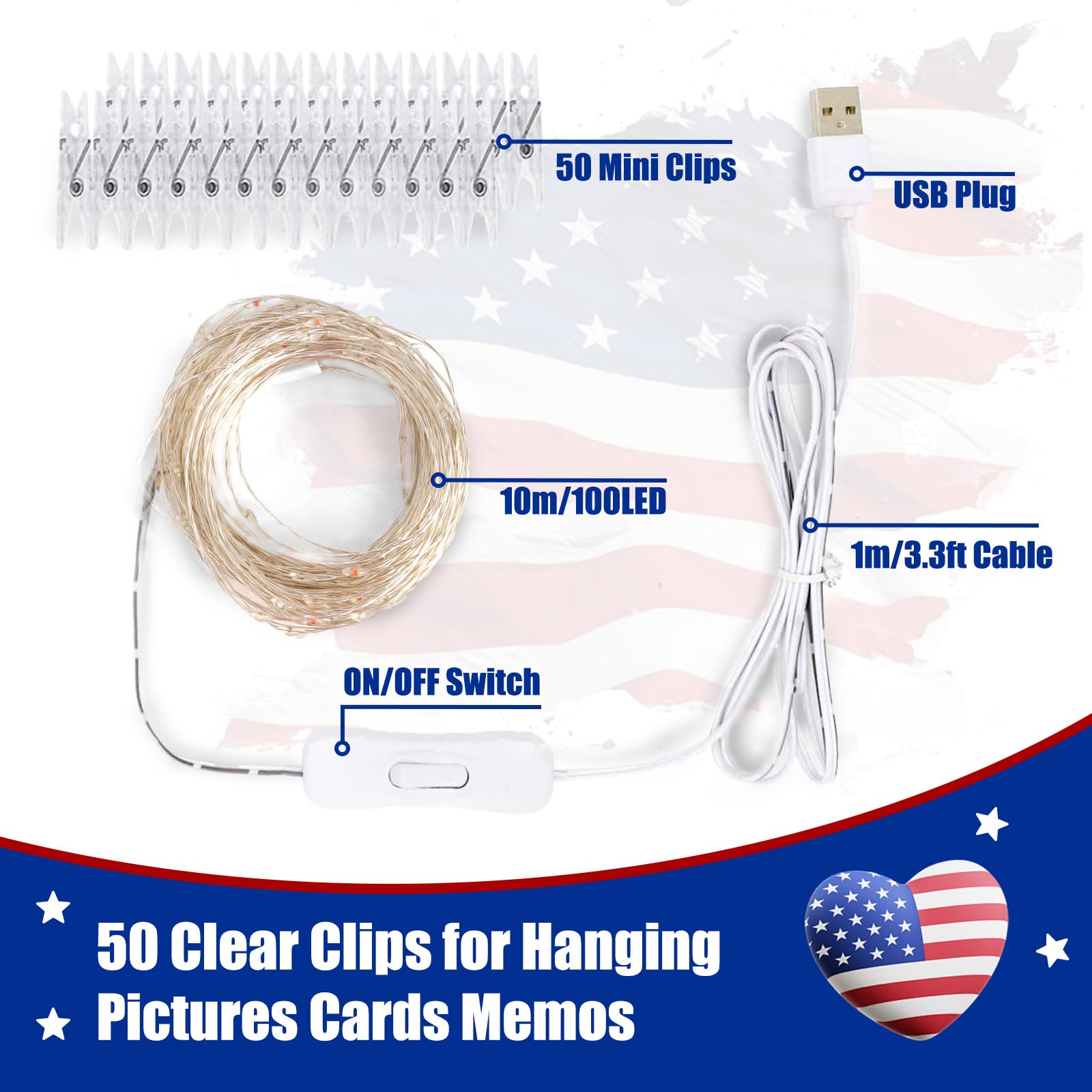 4Th Of July Lights Red-White-Blue Decorations - 100 Led 50 Photo Clips String Lights Holder 33Ft Starry Fairy Lights Hanging Pictures Cards Memos Usb Powered&Switch Bedroom Dorm Christmas Decor Tree