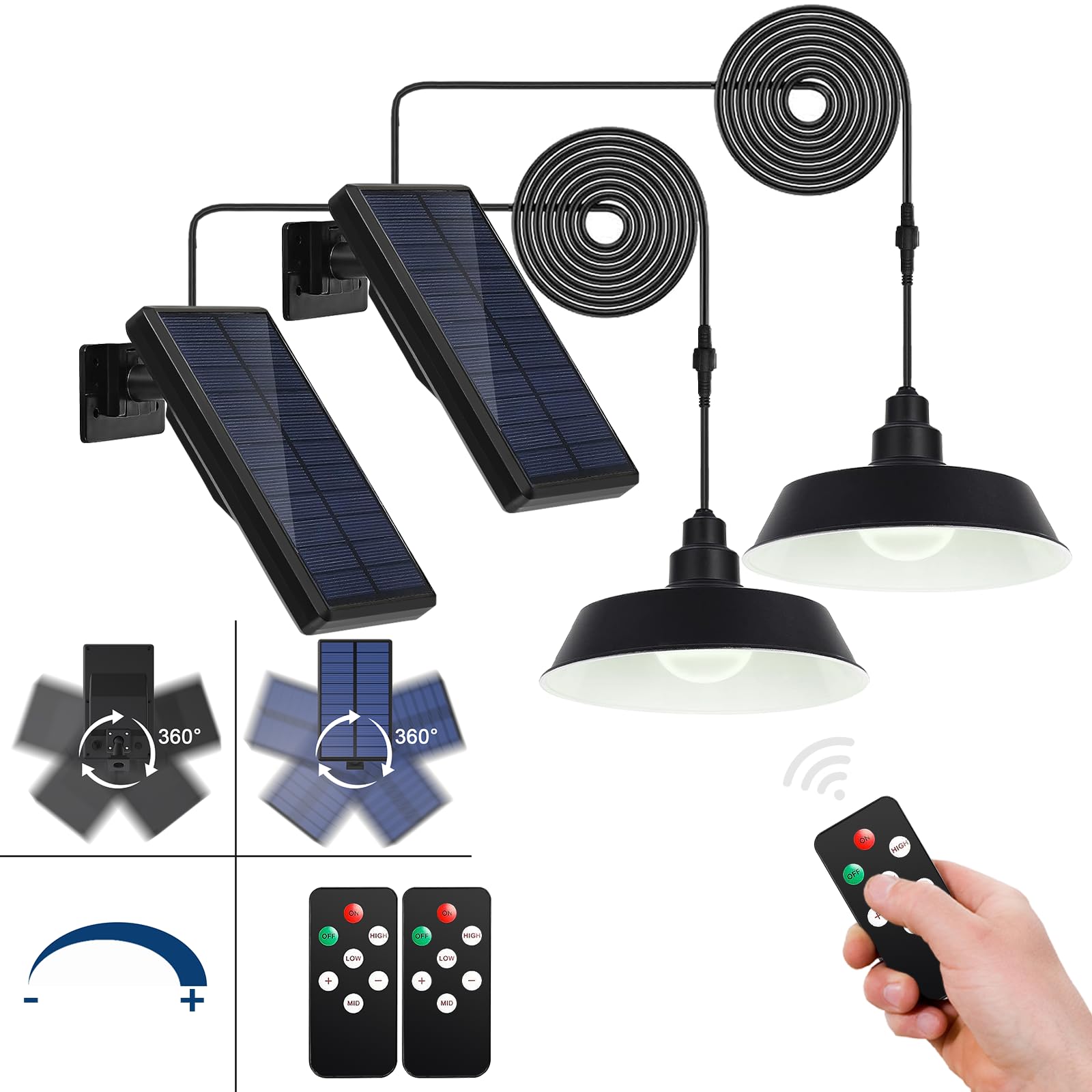 Guyulux Led Solar Pendant Lights, 2 Pack, 360° Adjustable, Remote Control, Ip65 Waterproof, Black, Model Yuu-T28