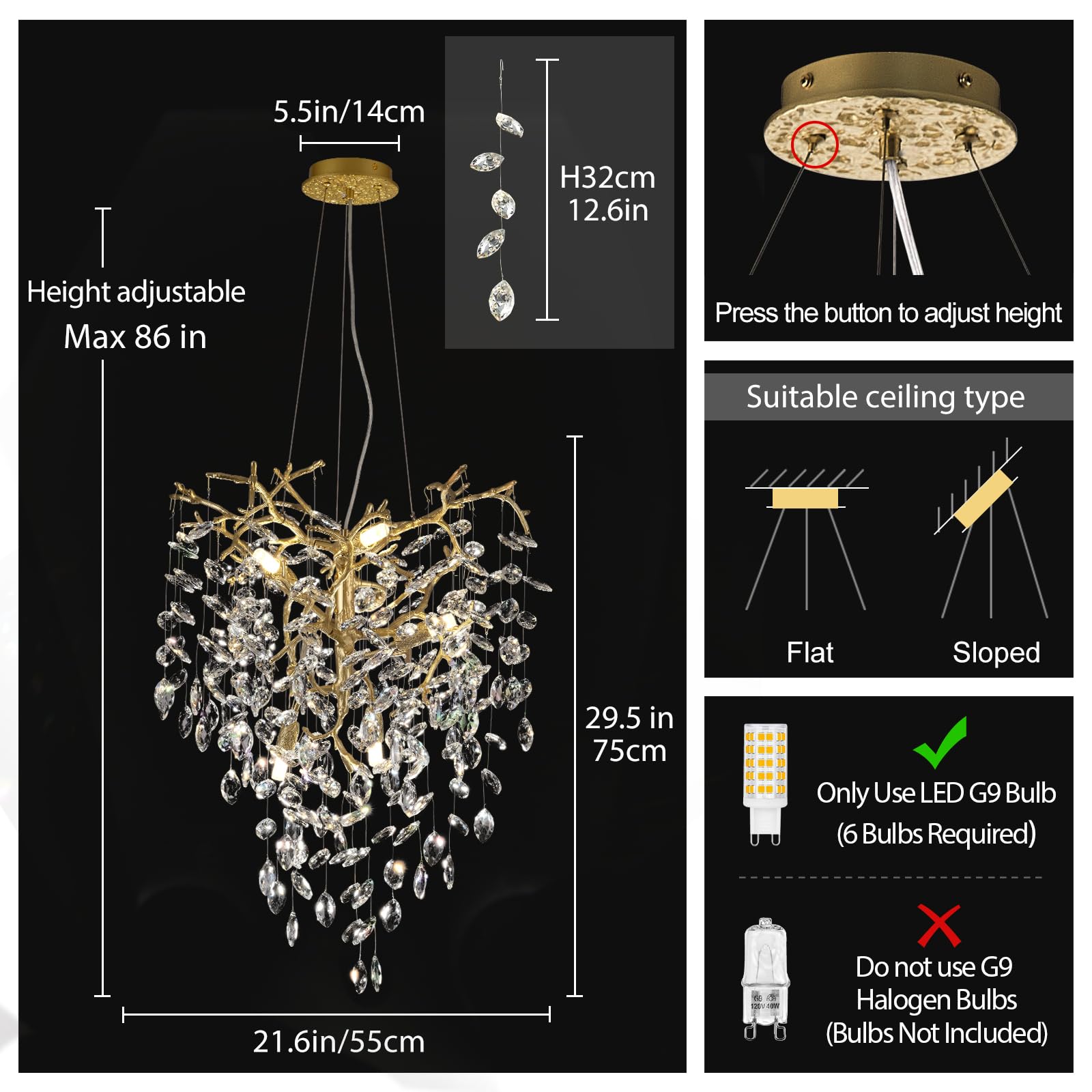 kvtinmty Modern Gold Crystal Chandelier, 21 Inch, 6 Lights for Dining Room, Bedroom, Living Room, Foyer, Kitchen Island