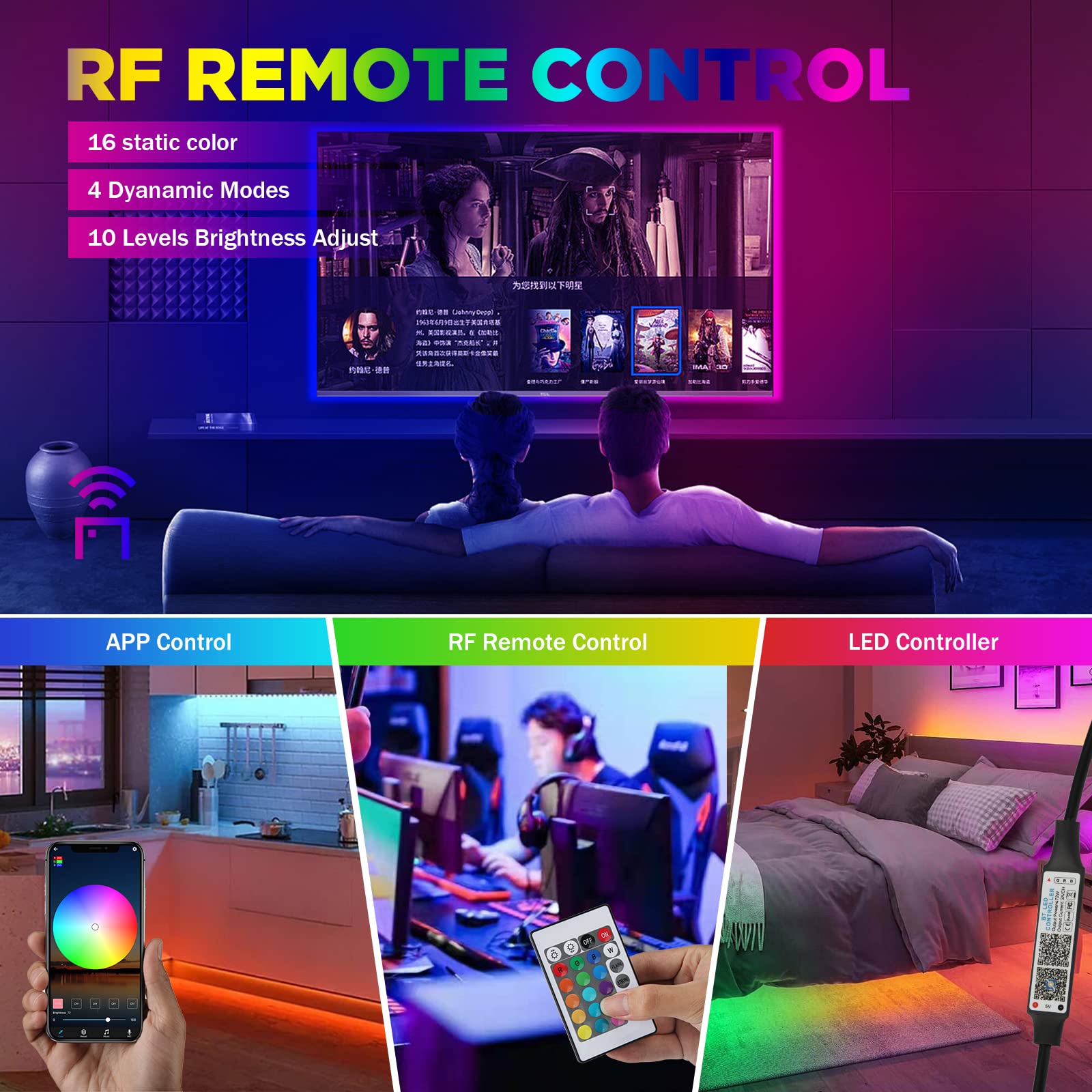QiGe RGB LED Strip Lights 4.92ft, 5V, Color Changing, APP Control, Music Sync, Remote, Indoor Home Decoration