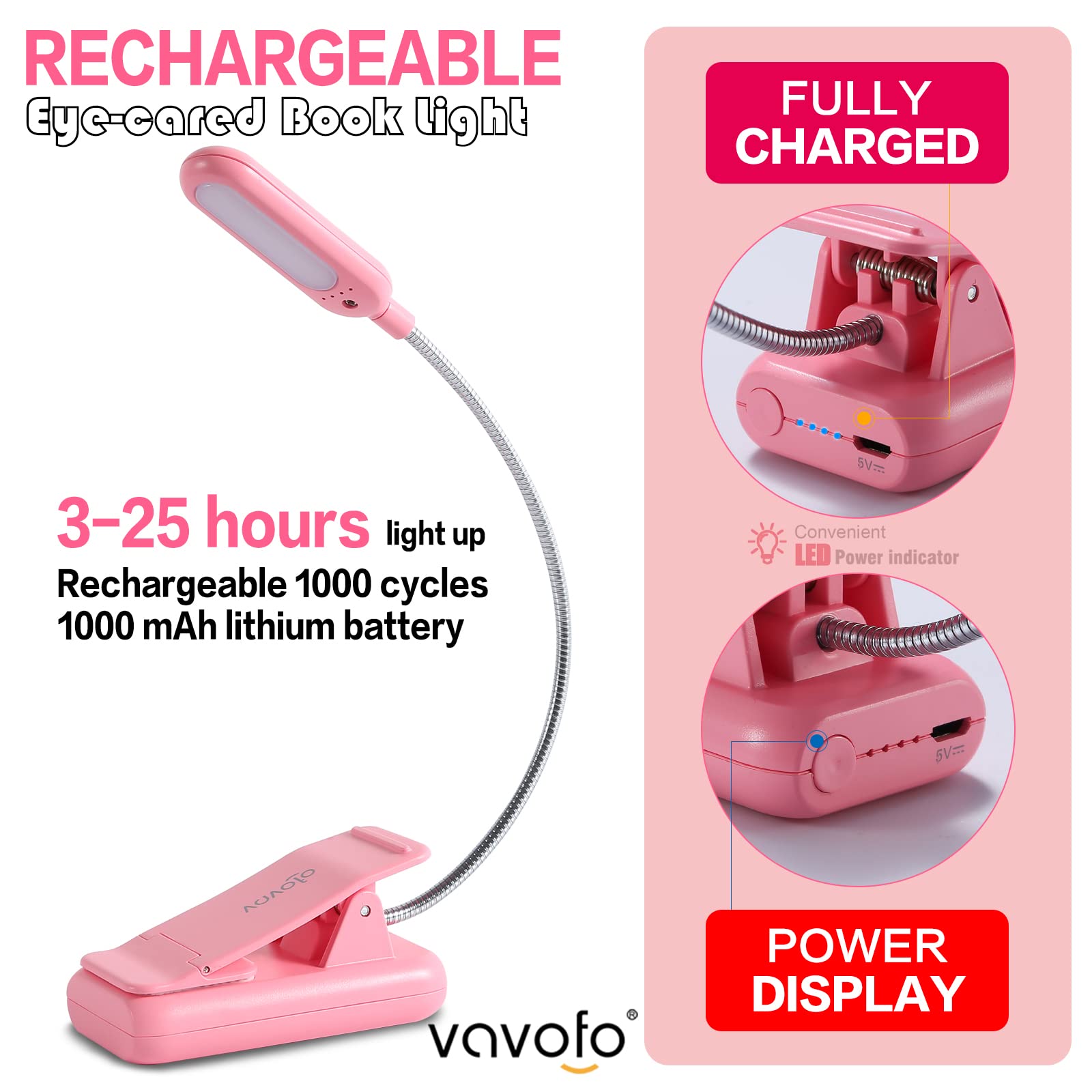 VAVOFO Rechargeable Book Light, 7 LED, 9-Level Warm Cool White, Eye Care Lamp, Model KM-6720, Pink