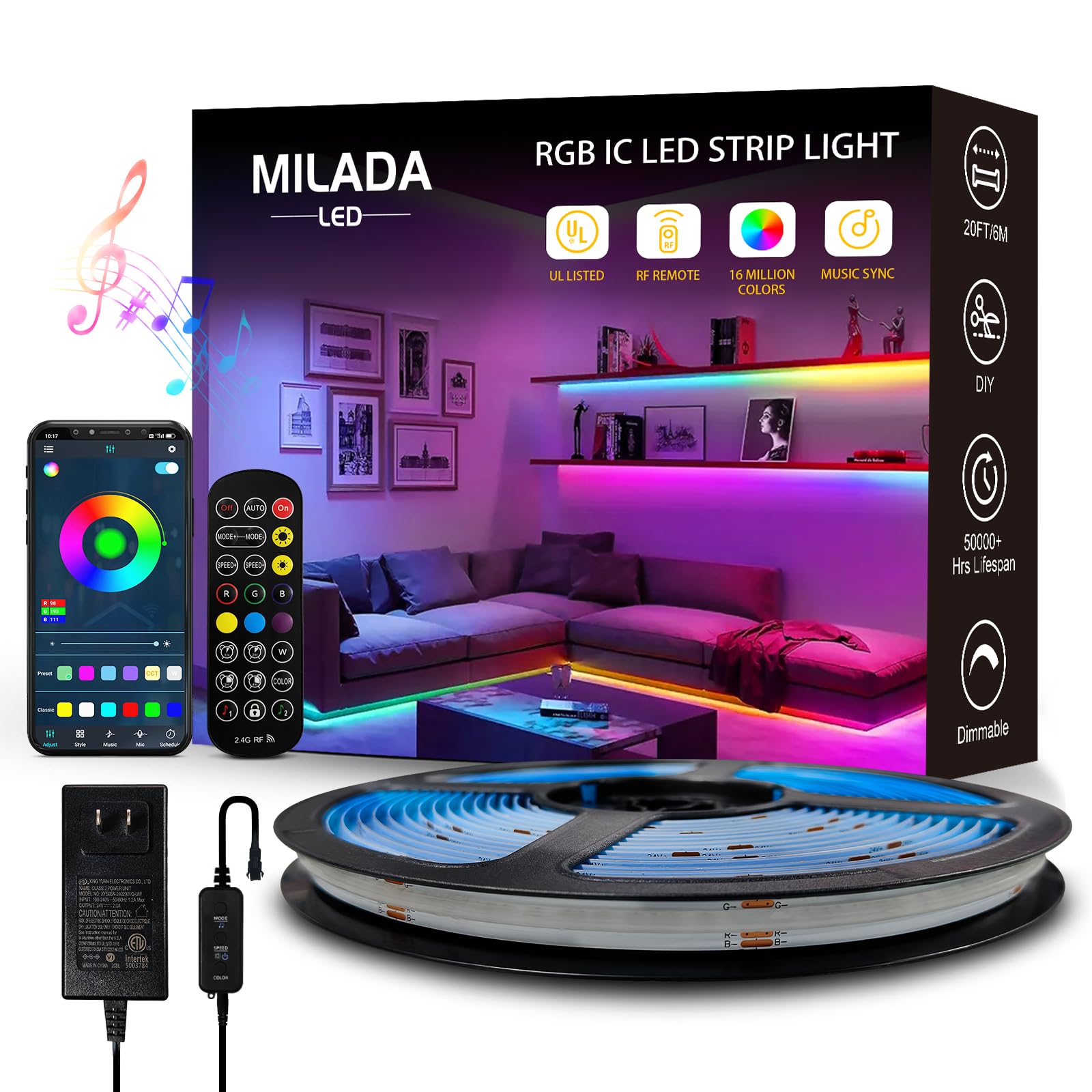 MILADALED COB RGB Smart IC Band Lights 20FT/6M UL-Listed 24V Color Flowing Band Light Multicolor Flexible Tape Lights with APP Control Music Sync for Bedroom Gaming Party Home Decor
