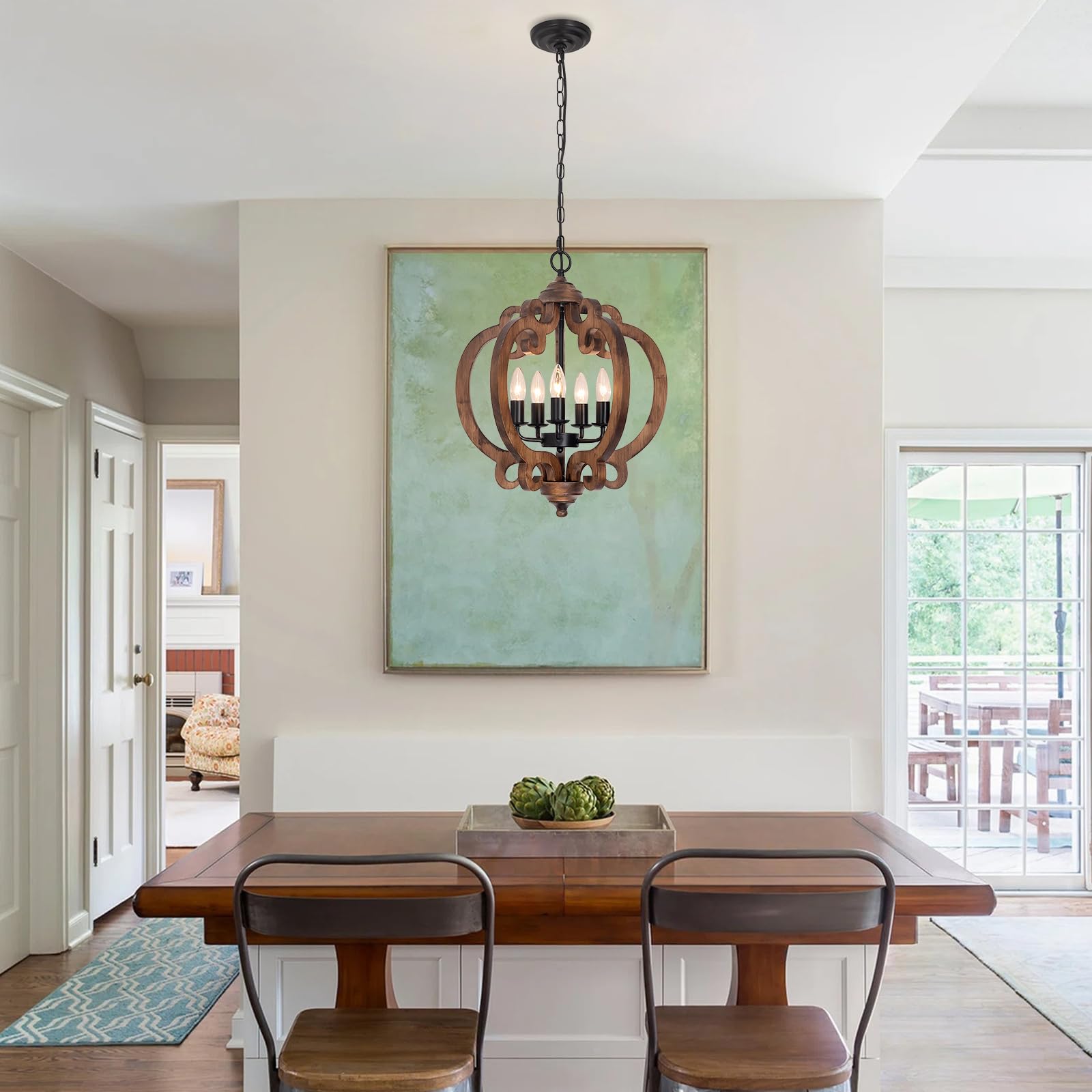 Rviezza 5-Light Rustic Wood Chandelier - Vintage Orb Pendant Lighting for Dining Room, Kitchen Island, Foyer, 17.72'' Model B0F8VH8L17