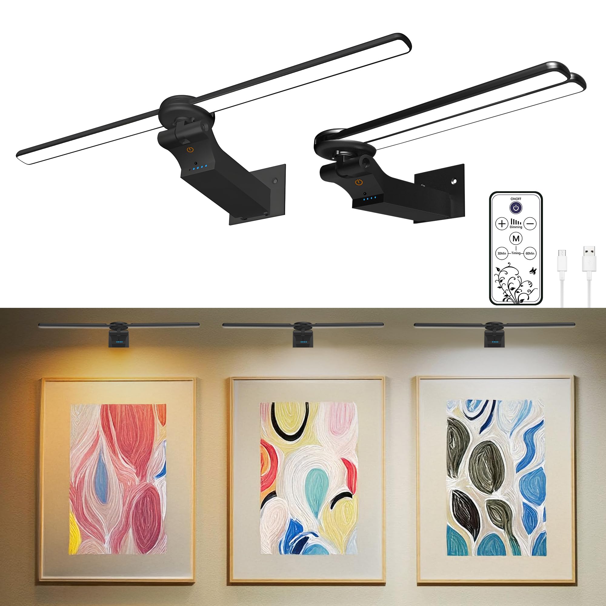 doublacy 2 Pack Picture Light for Wall, 18in Rechargeable, Dimmable, Remote Control, Black, Model AA-3