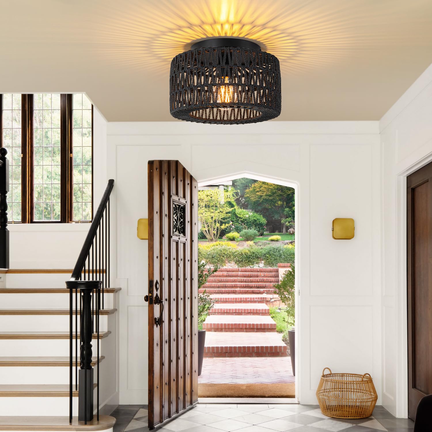 Sinerise Rattan Ceiling Light Fixtures (12-Inch, Led Bulb Included), Hand-Woven Boho Flush Mount Ceiling Light, Rattan Chandelier For Hallway Kitchen Farmhouse Foyer Entryway Living Room(Black)