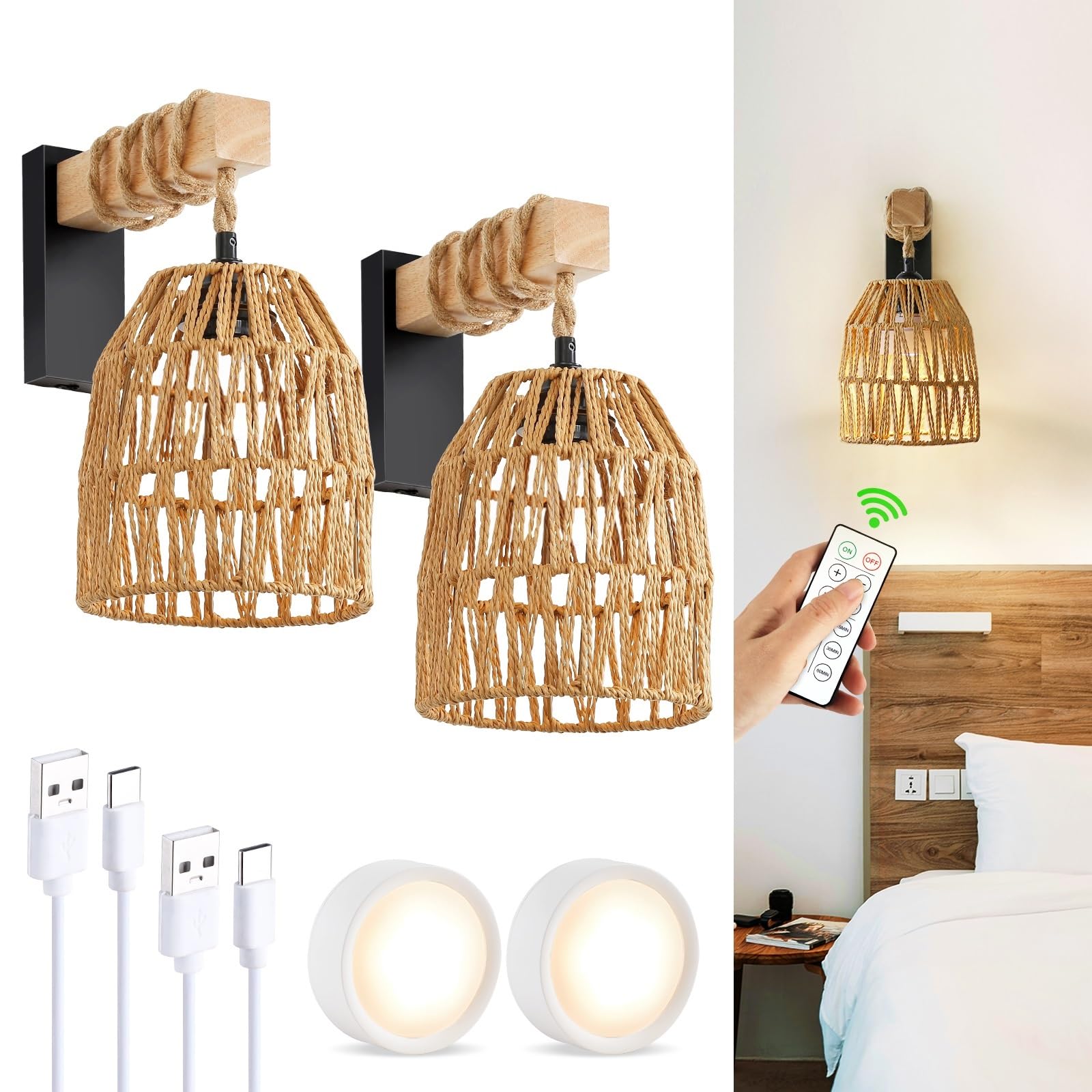Espossi Rechargeable Wall Sconce, Battery Operated Wall Sconce With Remote Control, Boho Upgrade Rechargeable Rattan Wall Sconce, Wireless Wall Sconces Set Of Two For Bedroom, Living Room, Entryway