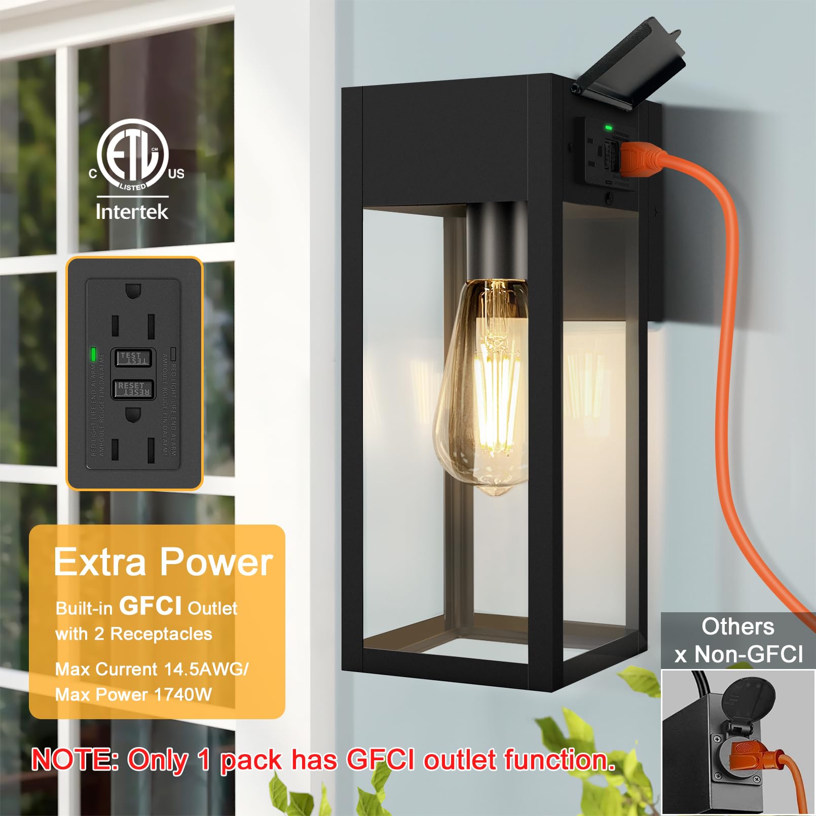 Oykyohei Outdoor Wall Lanterns With Gfci Outlet, Waterproof, Anti-Rust, 2 Pack - Black