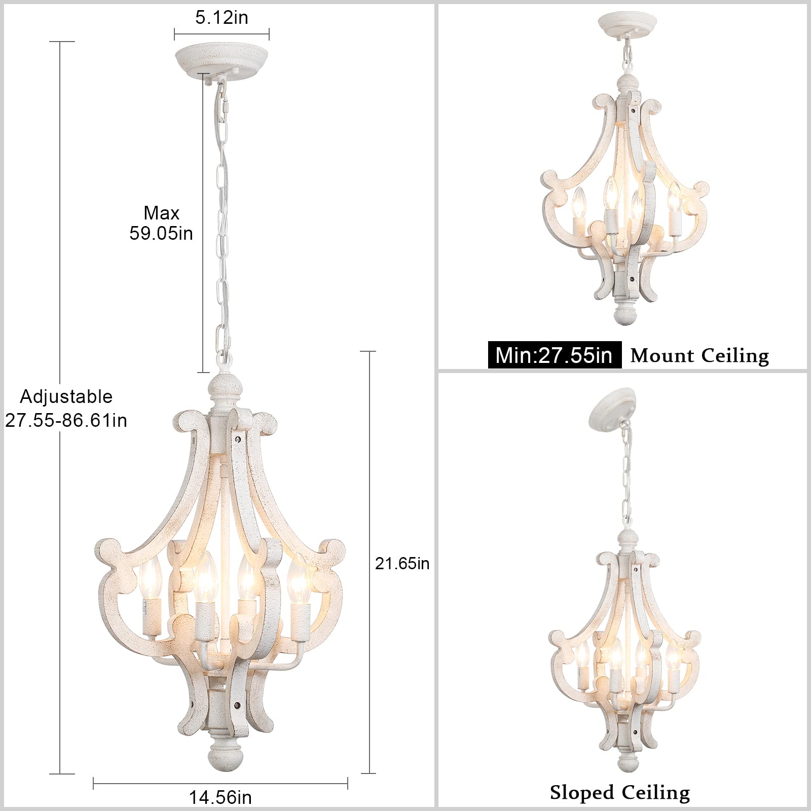 Wooden Farmhouse Chandelier 4 Lights Rustic Antique White Chandelier For Dining Room French Country Chandelier Orb Pendant Light Fixtures Hanging For Kitchen Living Room Foyer Bedroom Entryway Hallway