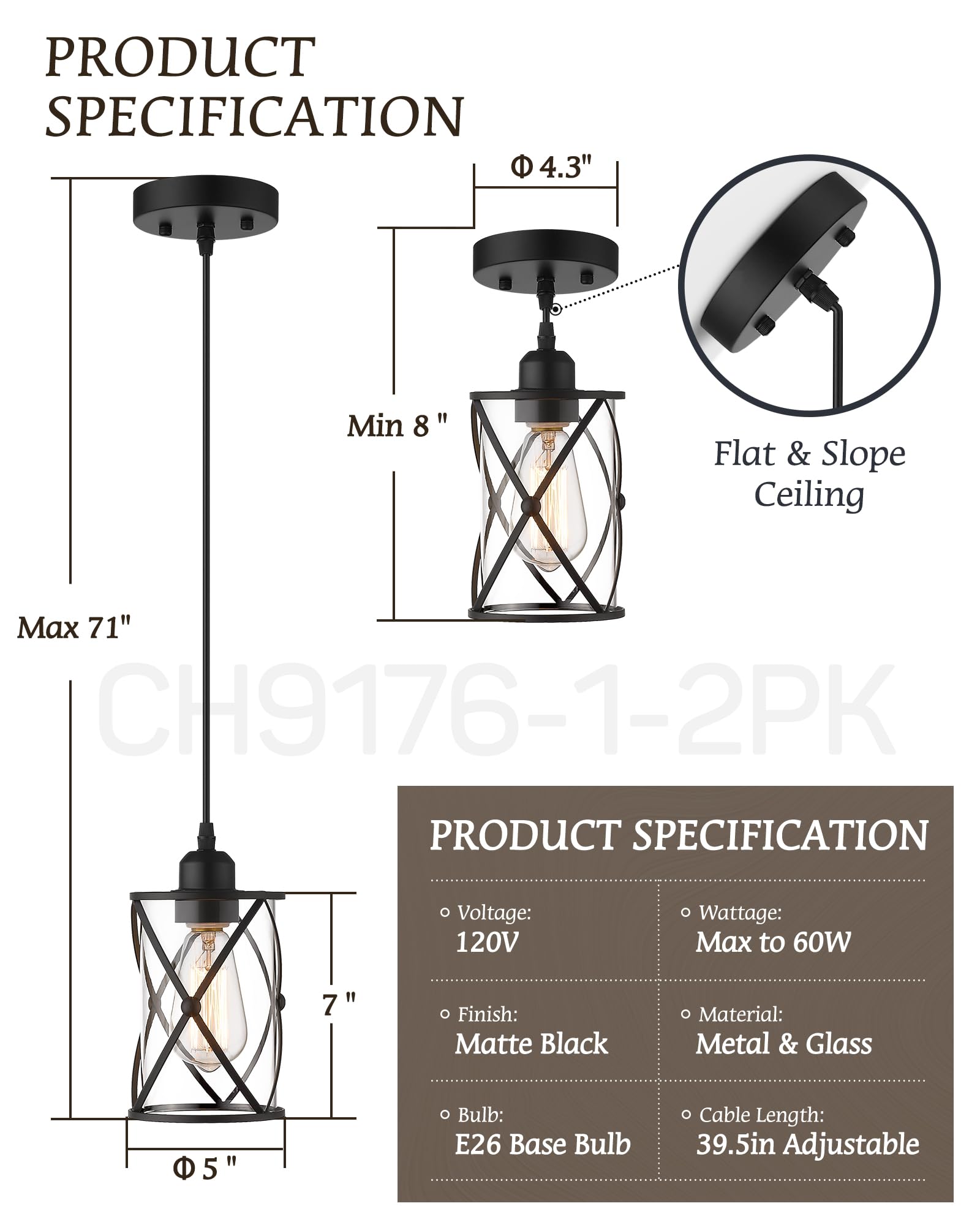 Osimir Glass Pendant Lights 2 Pack, Black Mini Hanging Lighting with Clear Glass for Kitchen, Dining, Bathroom, Model CH9176