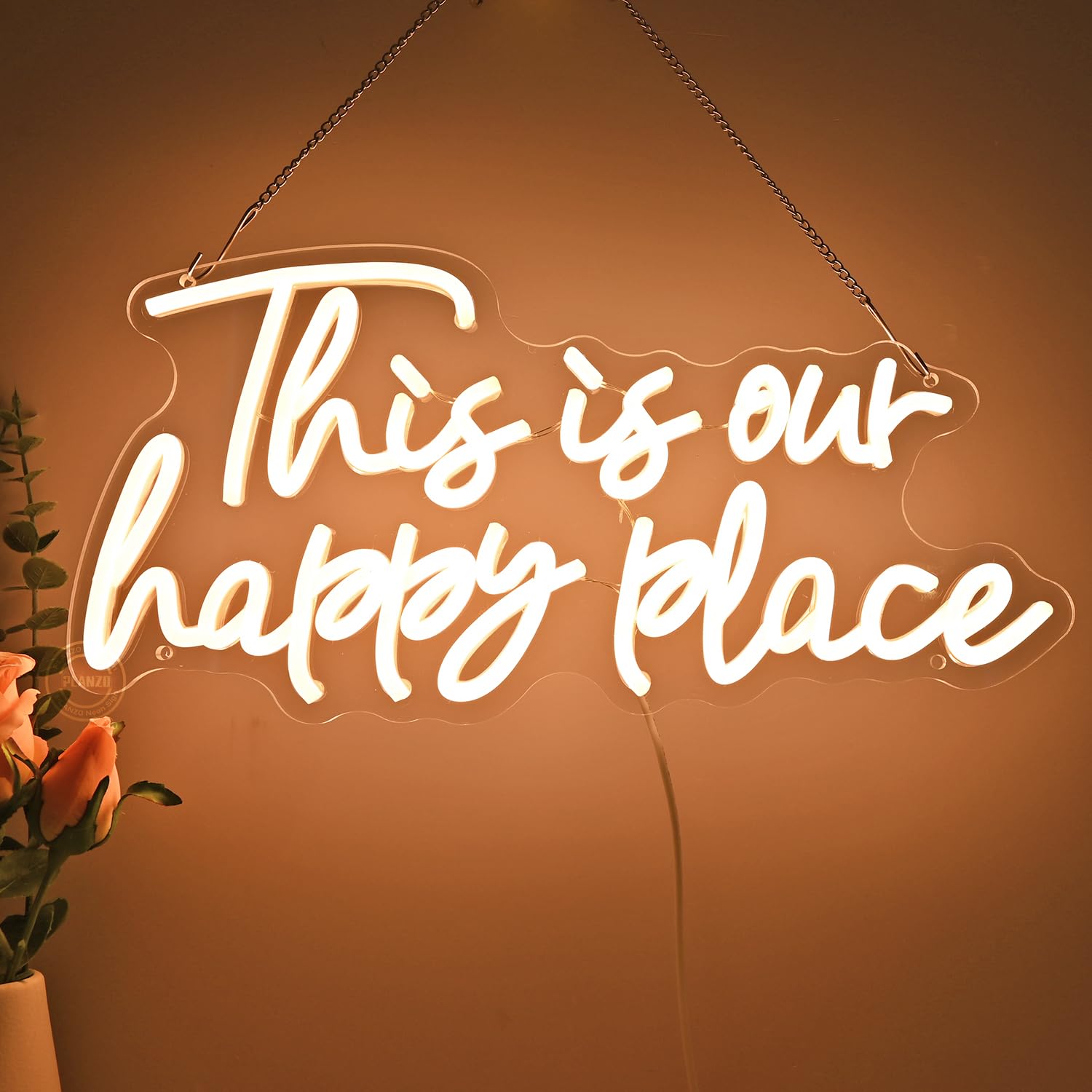 Planzo Neon Sign Light - inThis is Our Happy Placein - Warm White - 16.54in W x 8.07in H - Plastic/Acrylic - Home Wall Art Decor