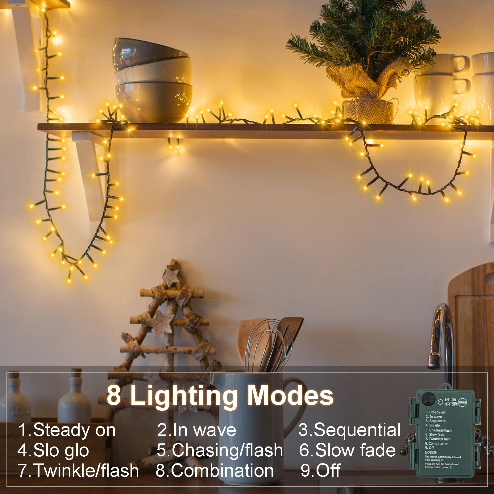 BSGlobal 2 Pack String Lights 20Ft 400 LED Waterproof Warm White with Timer 8 Modes for Outdoor Tree Home Decor