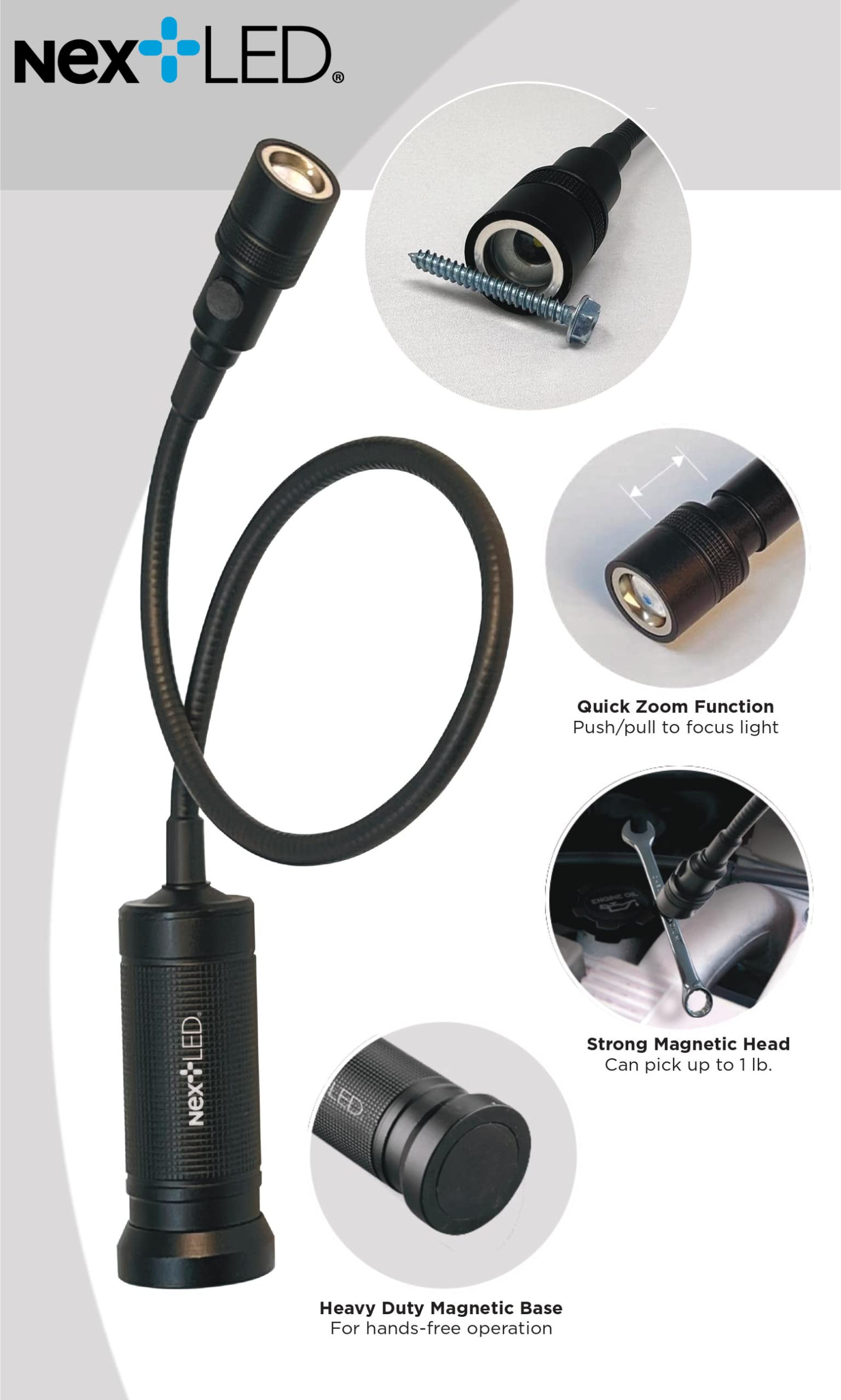 NextLED Magnetic LED Flashlight, Telescoping 20" Neck, 300 Lumen, Aluminum, Black, Model NT-7647-1
