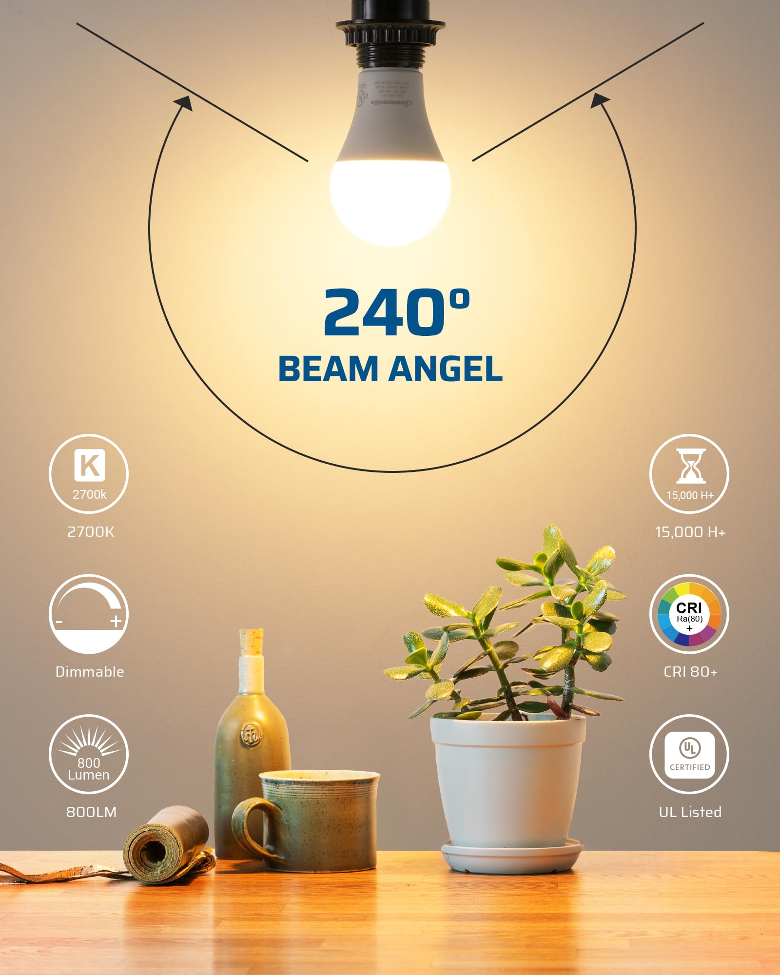 Dewenwils 4-Pack Dimmable Led A19 Light Bulb, Soft White Light With Warm Glow, 800 Lumen, 2700K, 10W (60 Watt Equivalent), E26 Medium Screw Base, Ul Listed