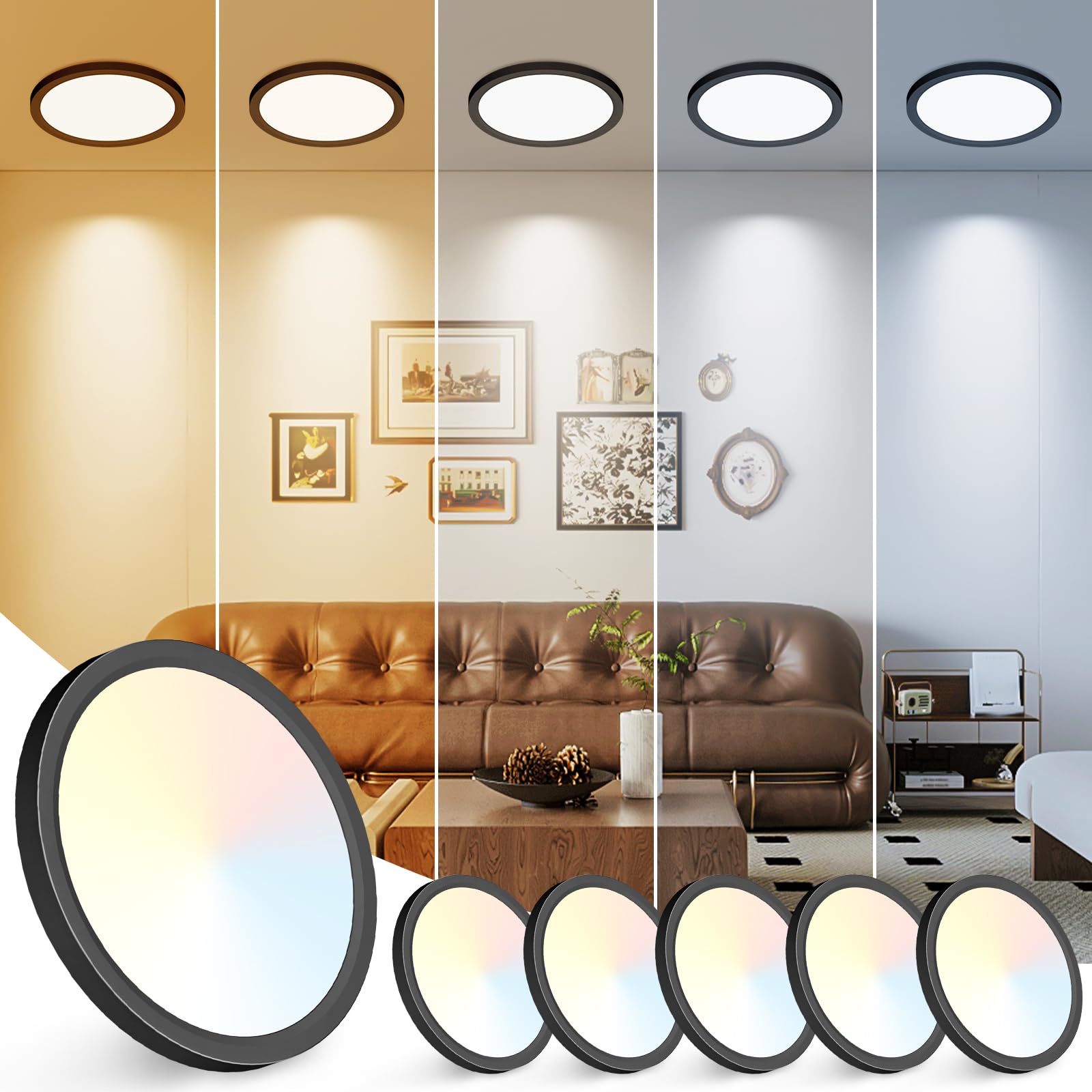 Peasur 7 Inch LED Ceiling Light Fixture, 15W 1500LM, Adjustable 3000K-6500K, Black, Model CL61A-6-BK, 