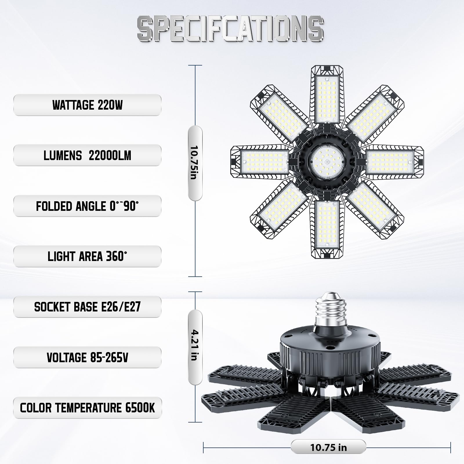 TOPAUBUB Garage Light 220W LED with 8+1 Deformable Panels, 22000LM, 6500K, Black, Model B4