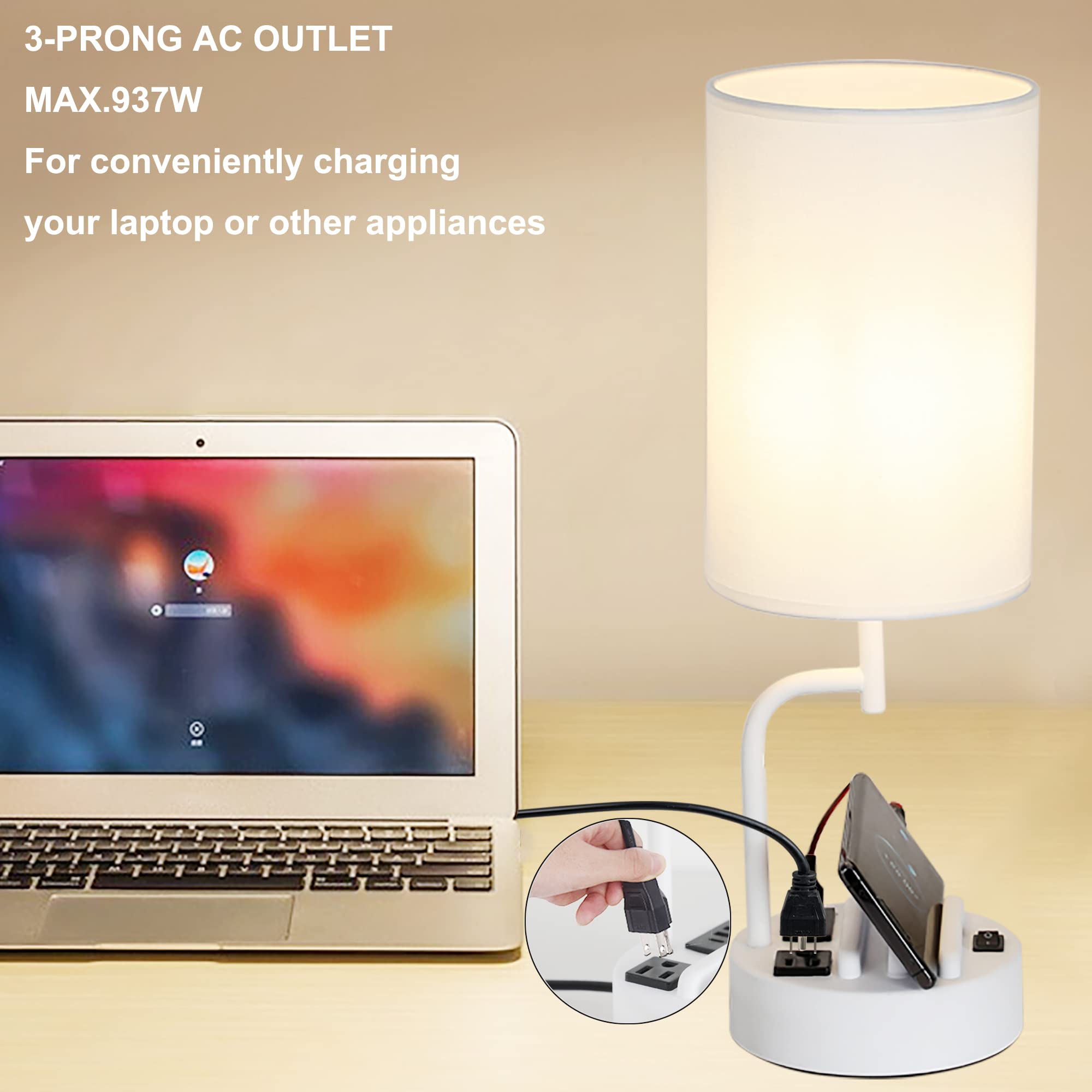 Dreamholder Table Lamp with 3 USB Ports & AC Outlet, White, Pack of 2, Modern Design for Bedroom, Living Room, Office